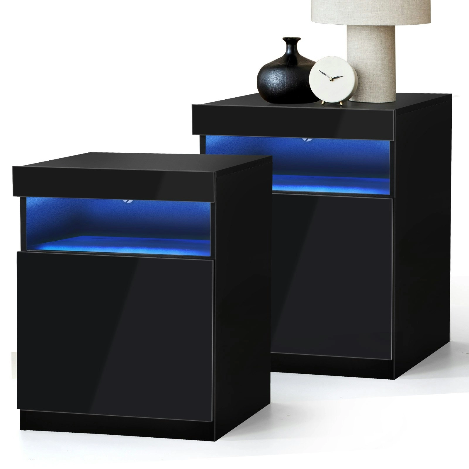 Oikiture Bedside Tables Set of 2 LED Nightstand Shelf Side End Table Black