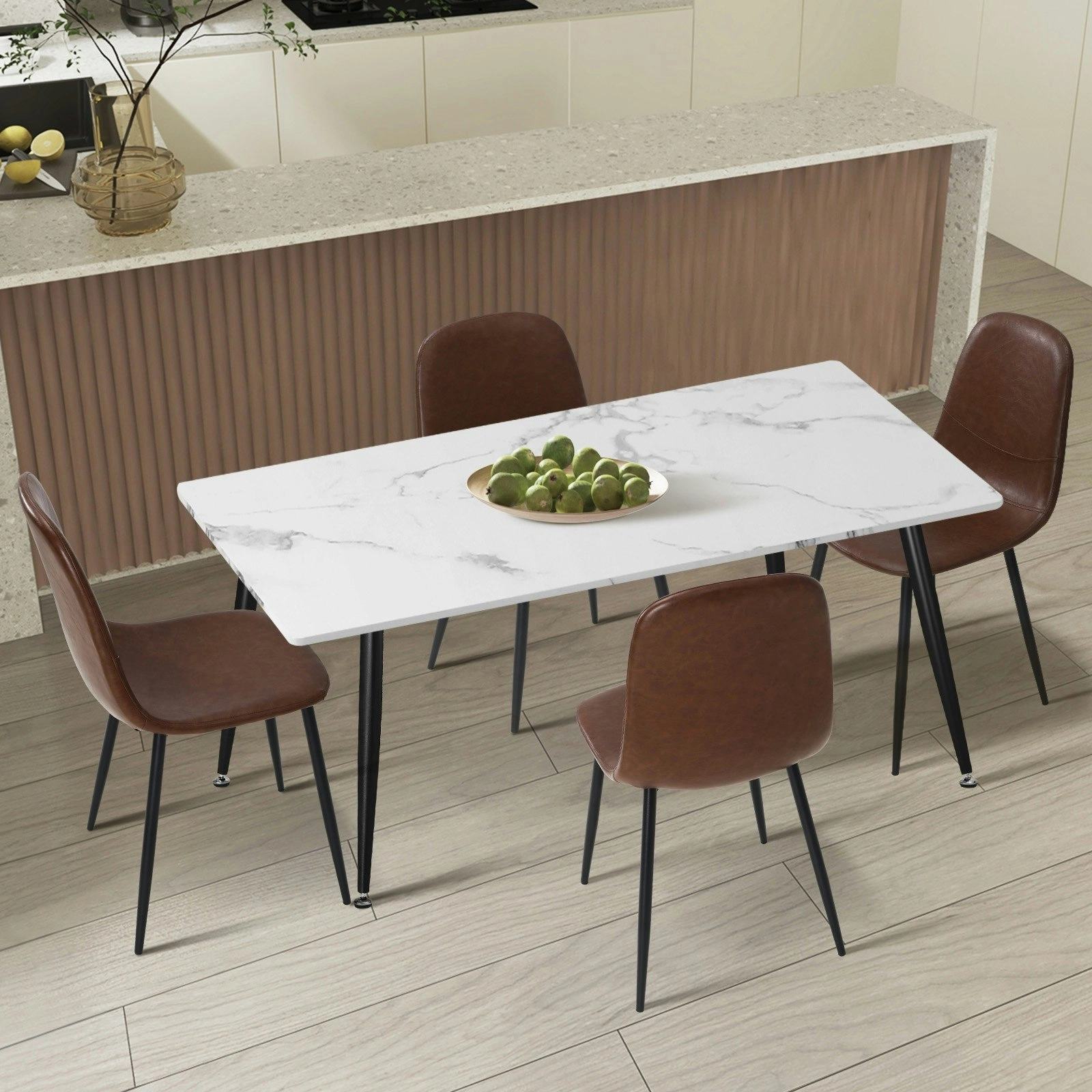 Oikiture 120cm Rectangle Dining Table with 4PCS Dining Chairs PU Brown