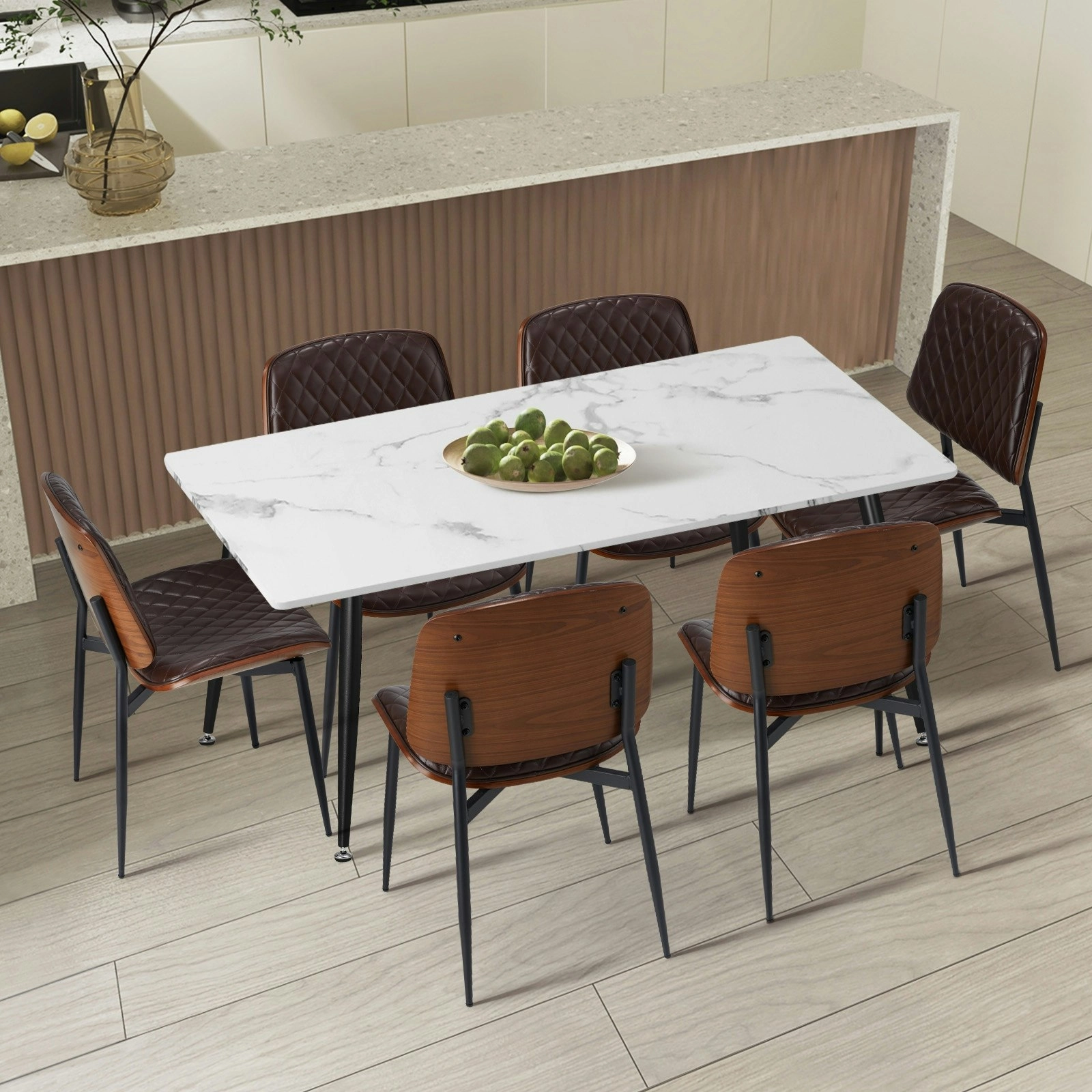 Oikiture 120cm Rectangle Dining Table with 6PCS Dining Chairs PU Walnut