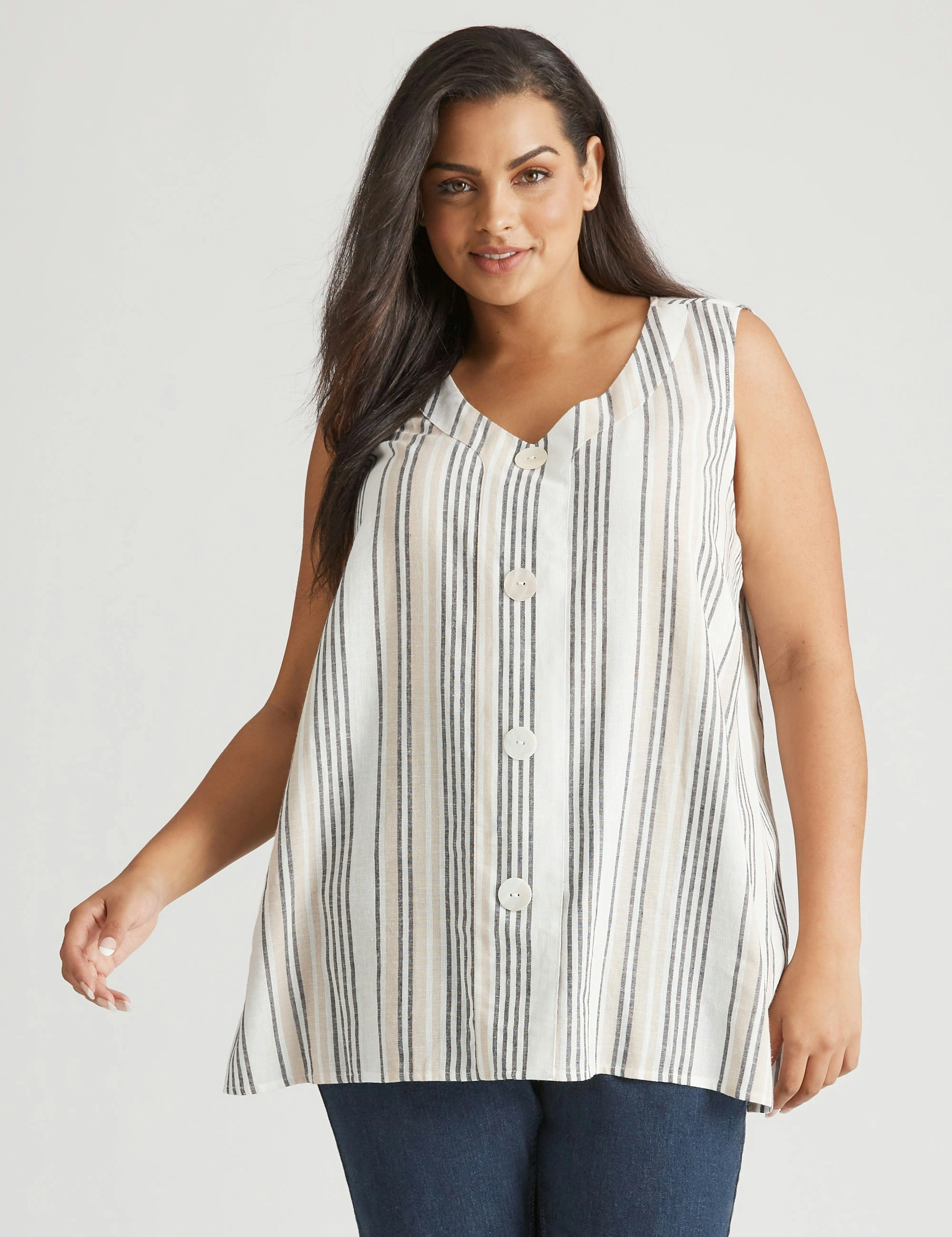 beme Sleeveless Linen Button Front Top (Stripe)