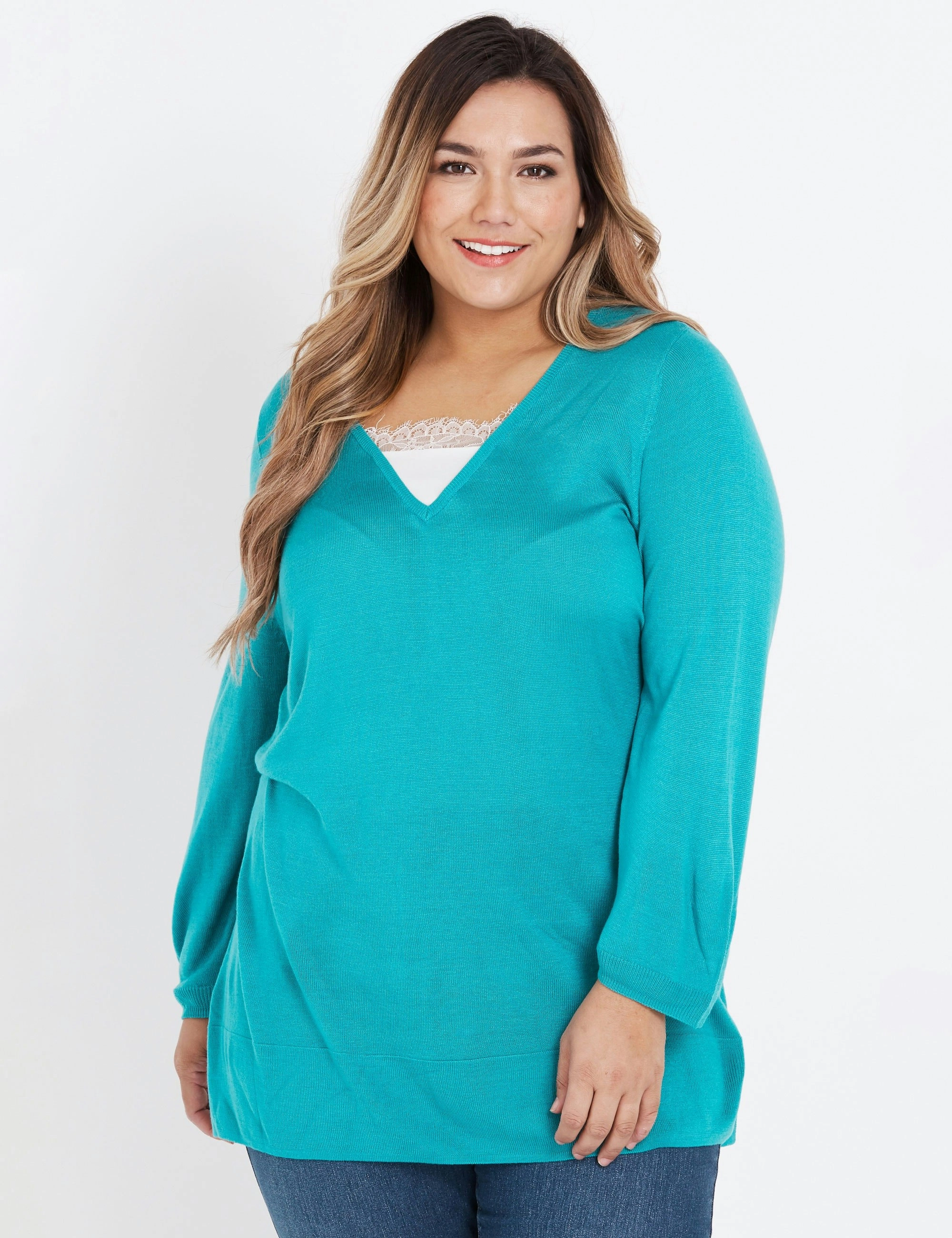 beme 3/4 Sleeve Lace Insert Jumper (Teal/Cream)