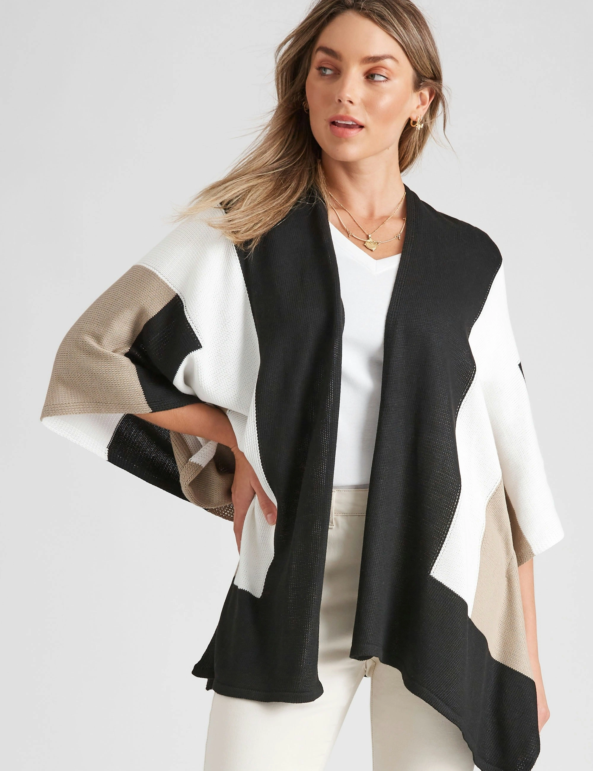 Rockmans Extended Sleeve Colour Block Cardigan (Neutral Mix)