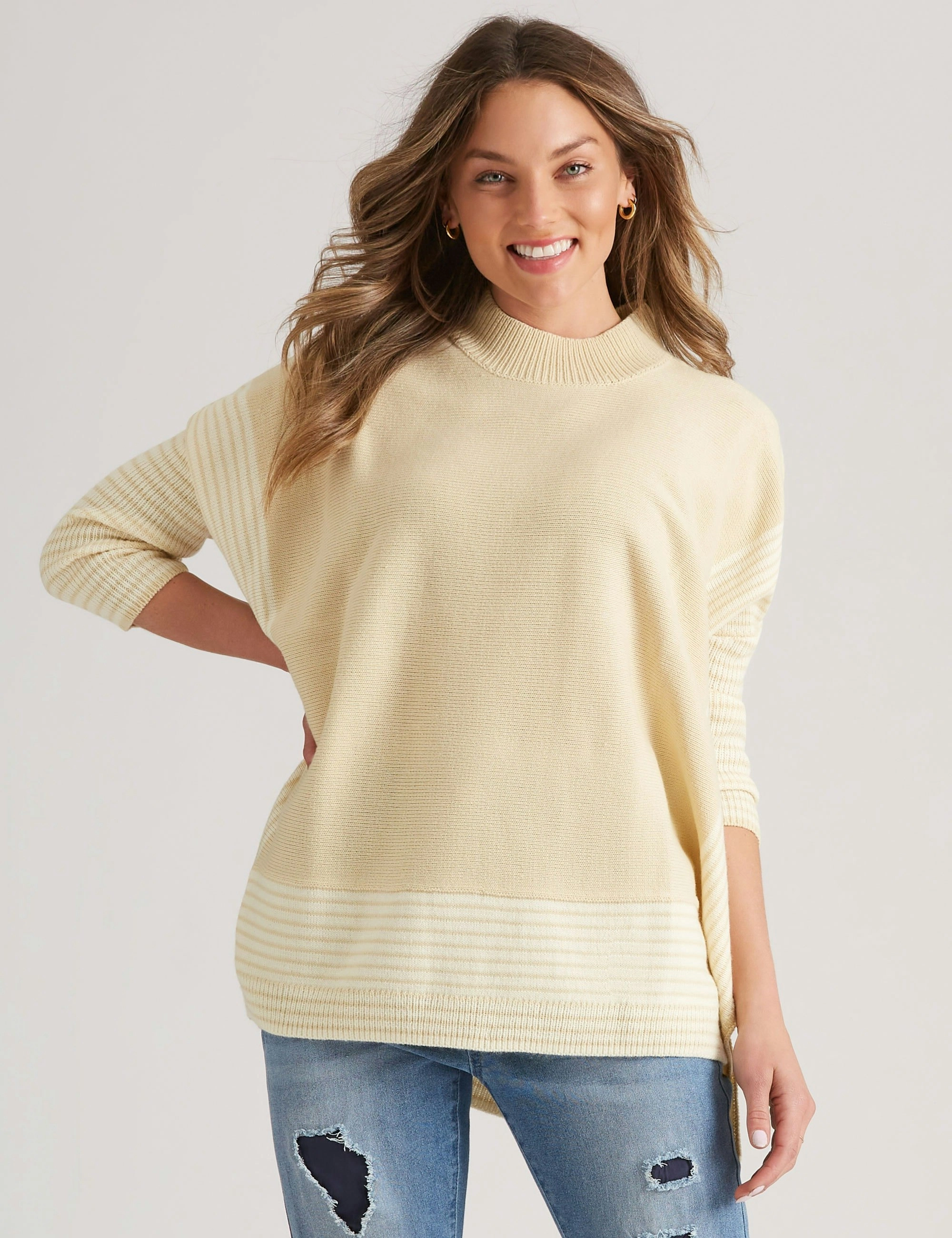 Rockmans Long Sleeve  Contrast Stripe Boxy Jumper (Bleached Sand)