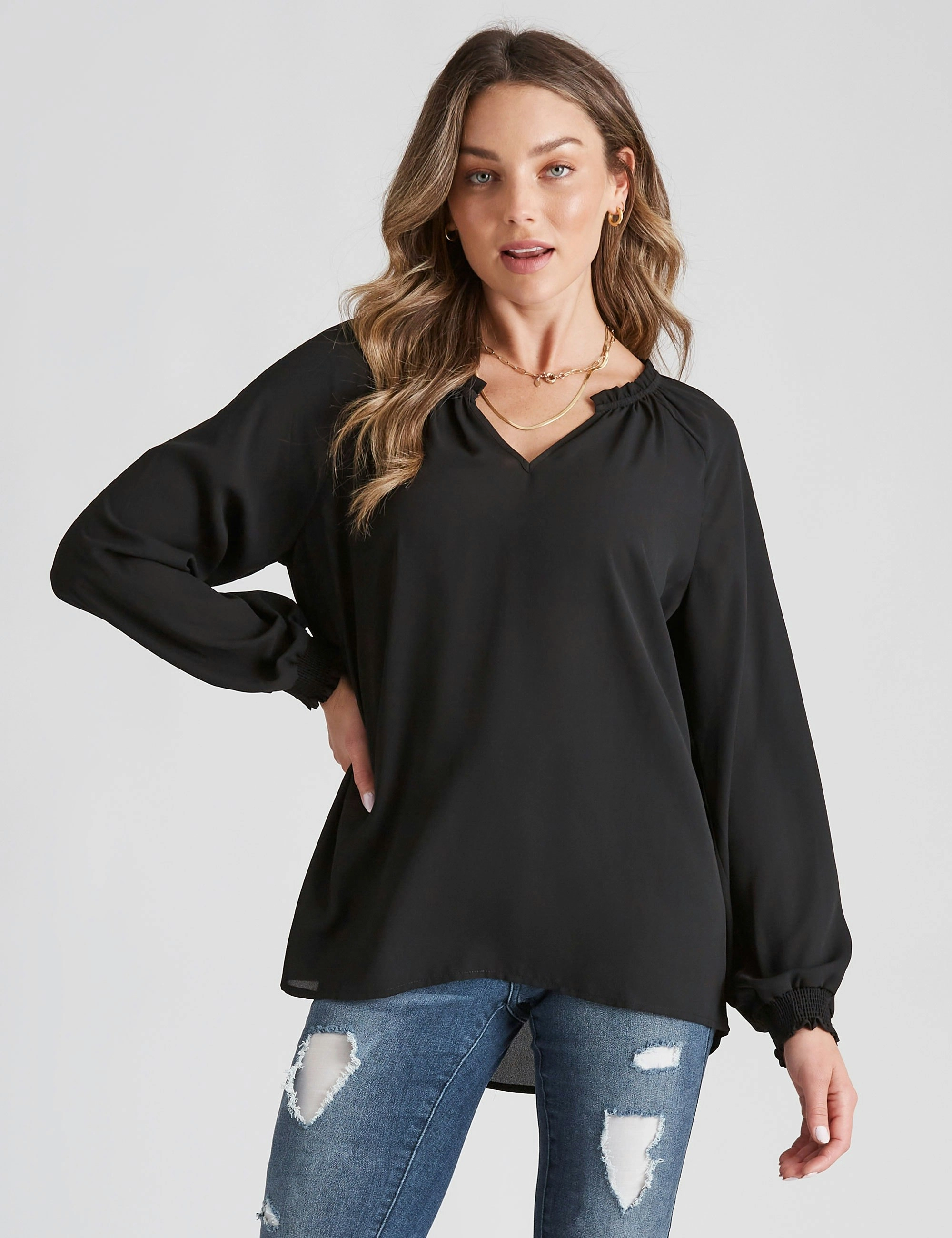 Rockmans Long Sleeve Hammered Satin Woven Top (Black Onl)