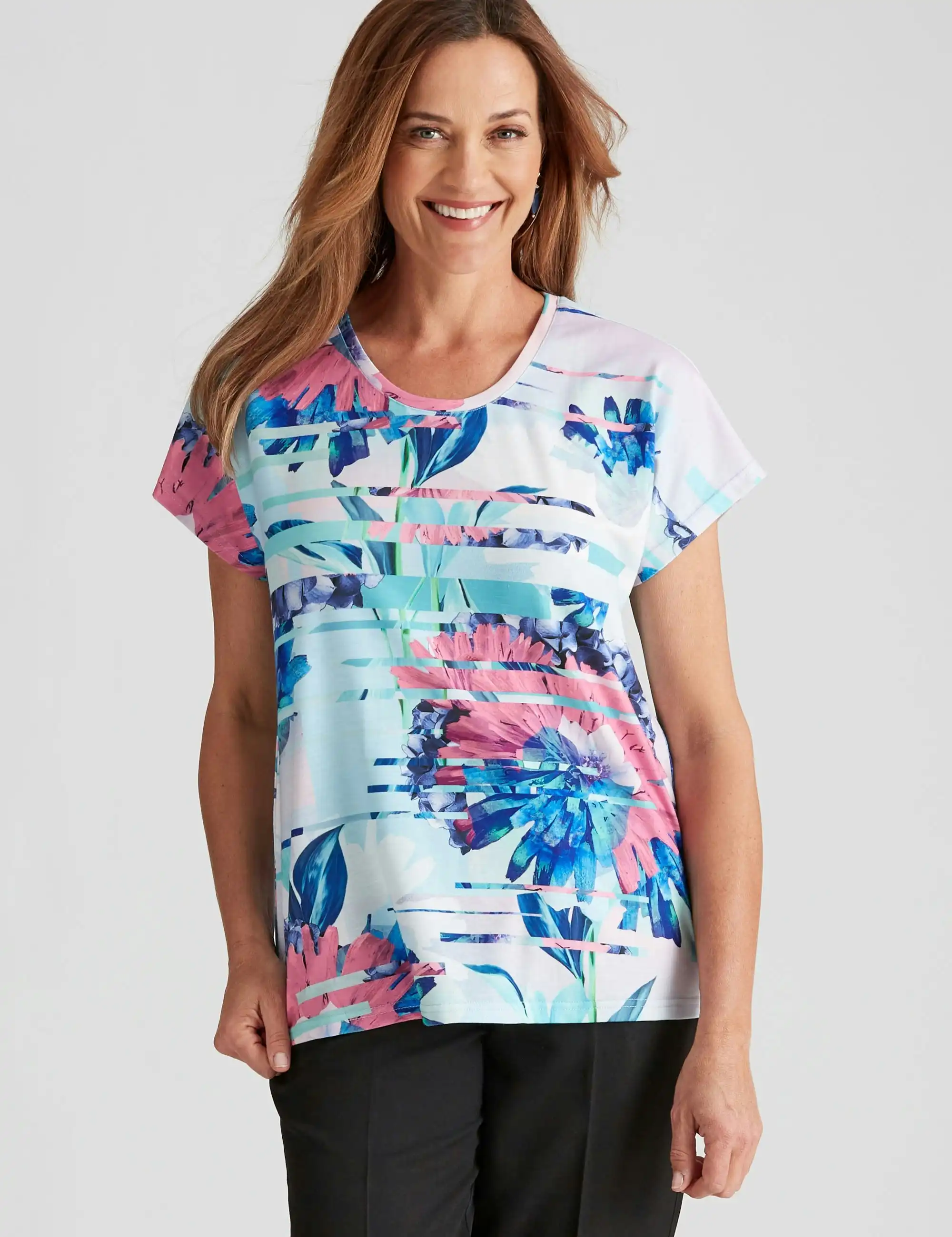 Millers Short Sleeve Printed Scoop Neck Slub Top (Cut Out Floral)