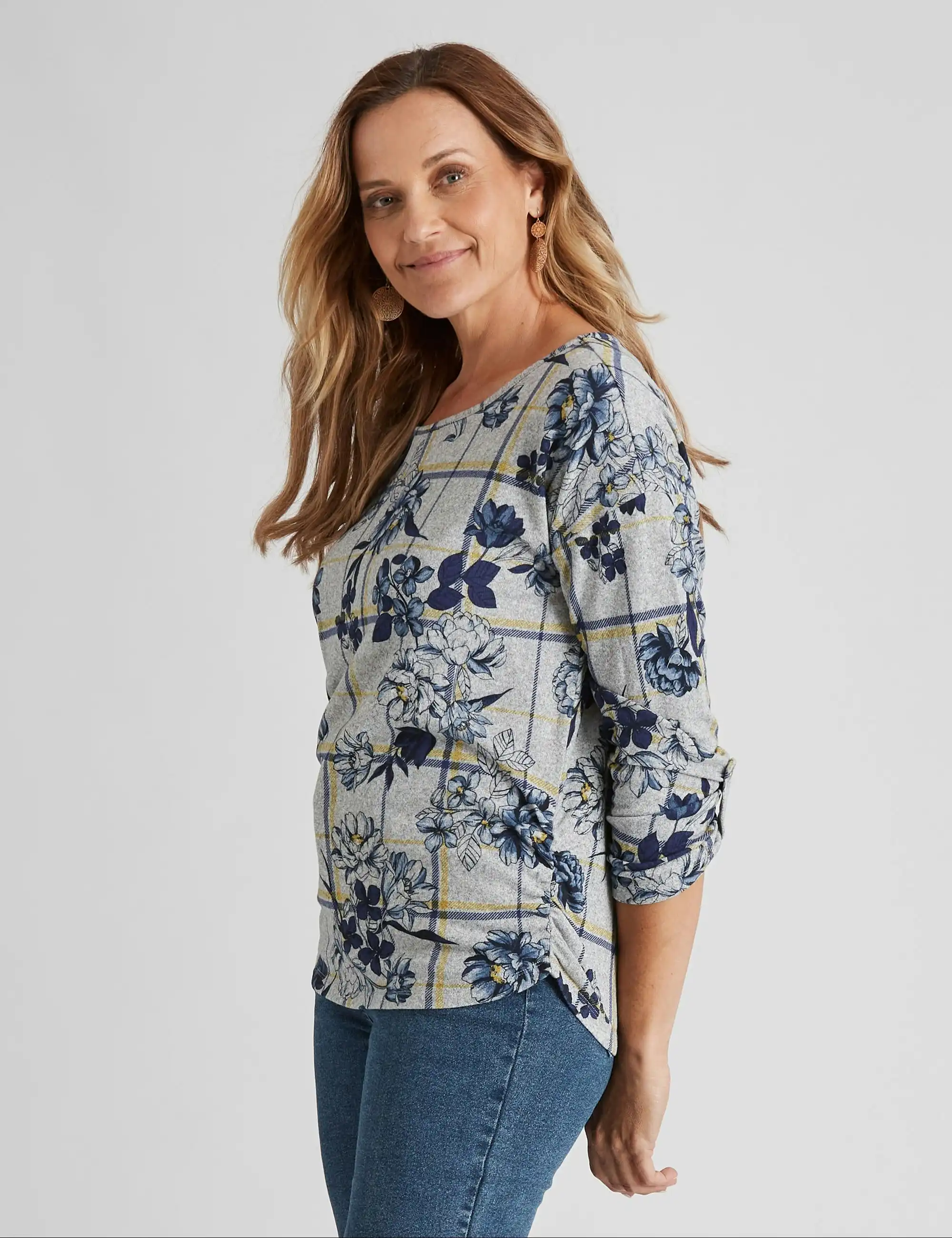 Millers Long Sleeve Drop Shoulder Top (Floral Check)