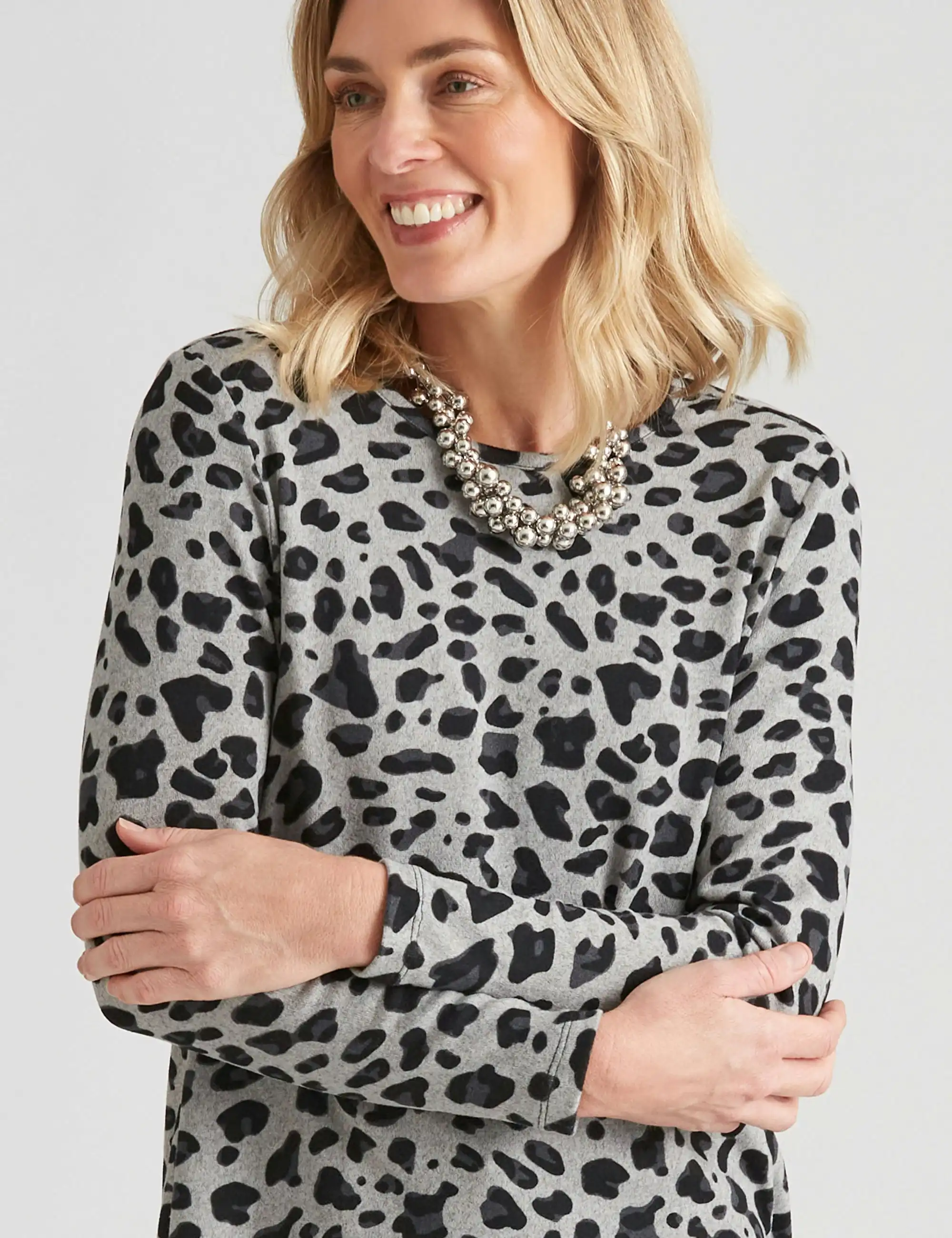 Noni B Fluffy Knitwear Animal Print Top (Silver)