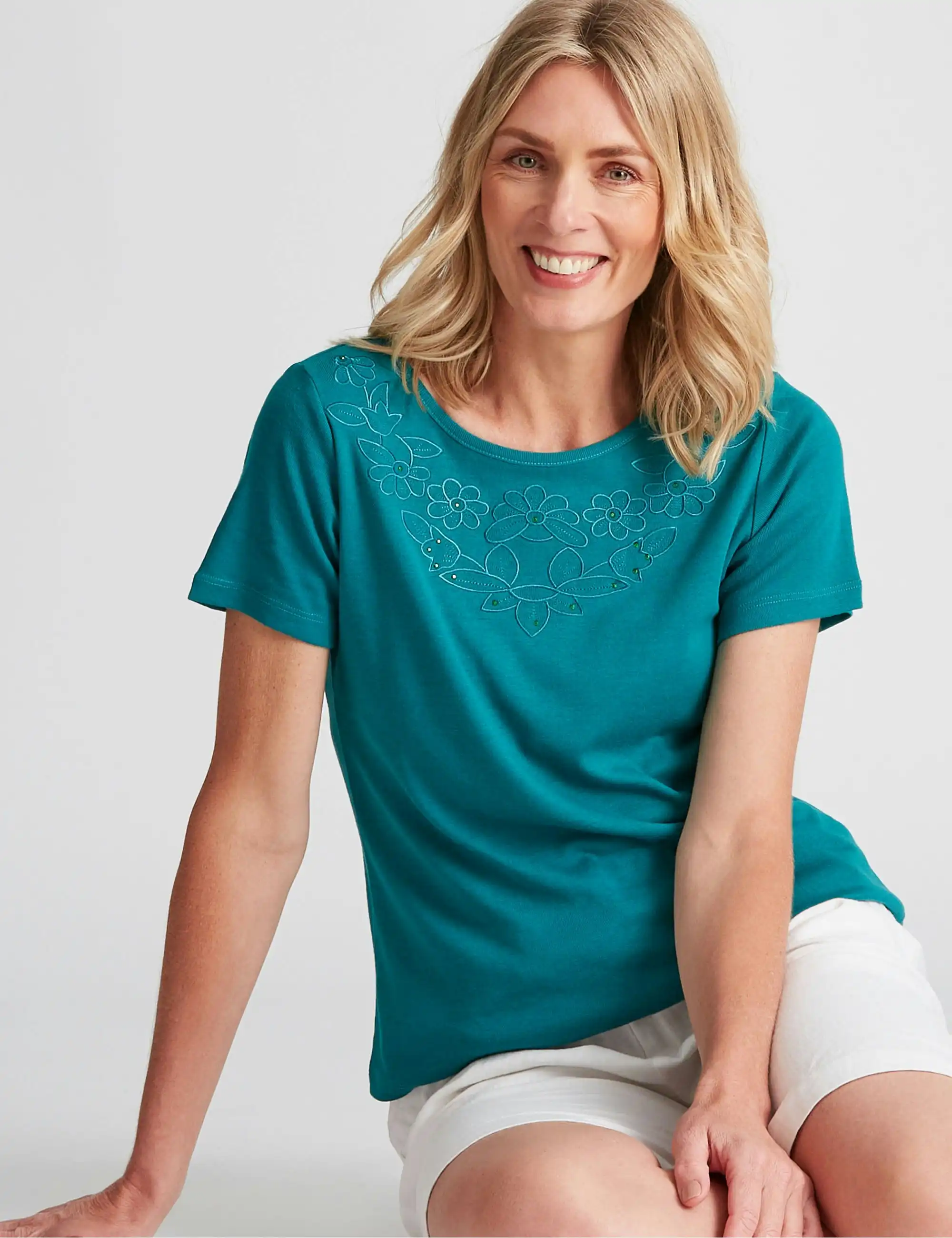 Noni B Round Neck Embroidered Rib Top (Envy)