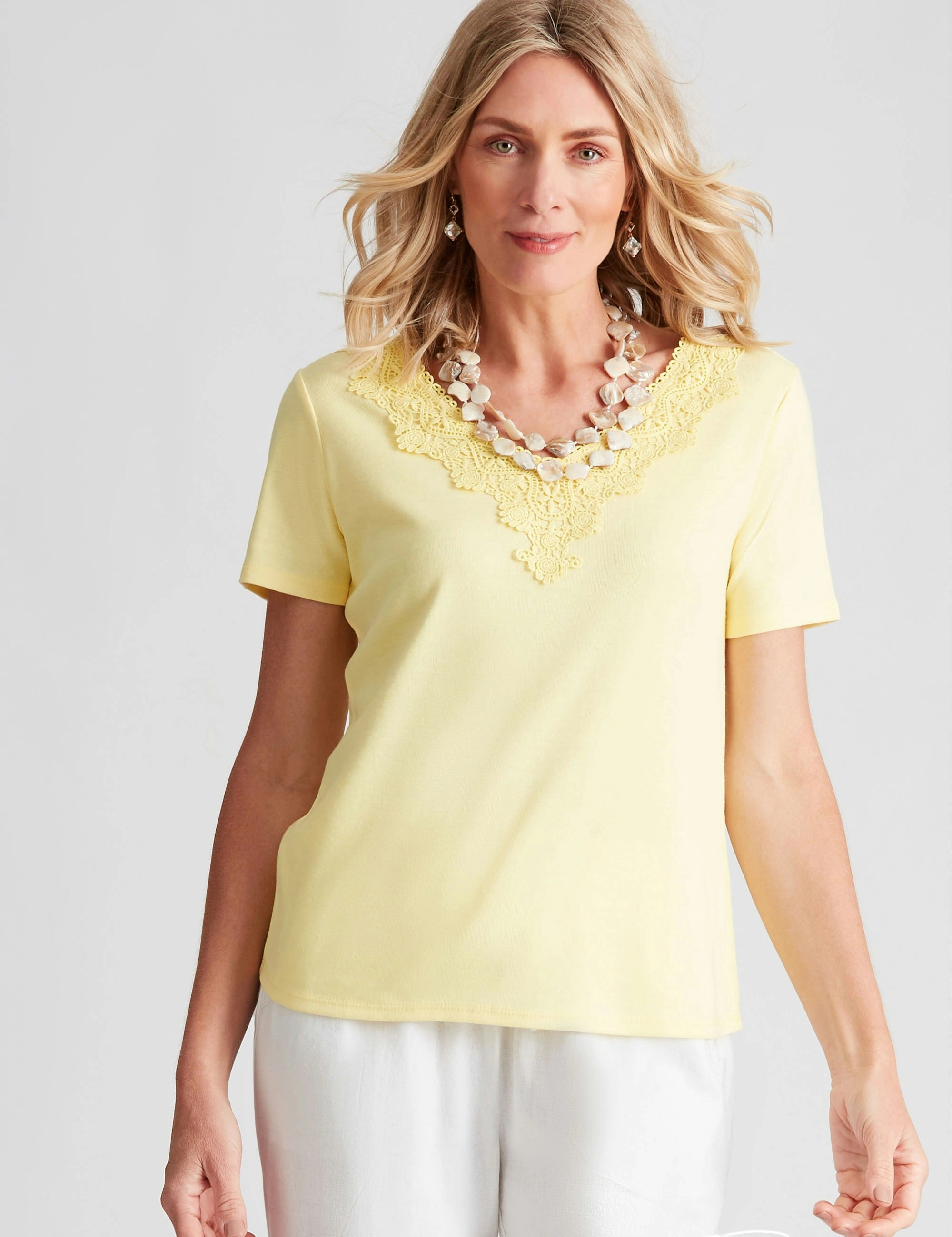 Noni B Lace V Neck Rib Top (Lemon Meringue)