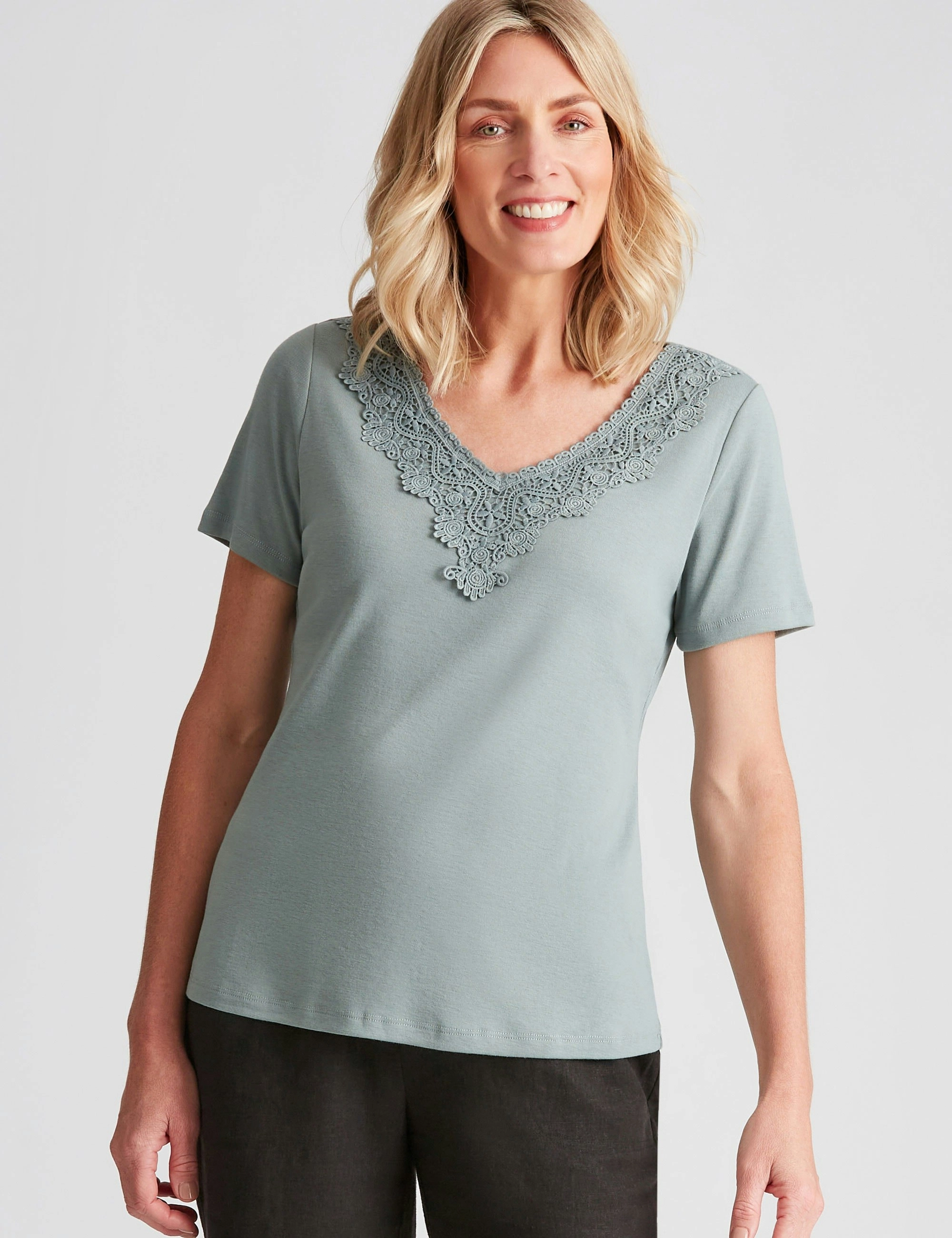 Noni B Lace V Neck Rib Top (Sage)