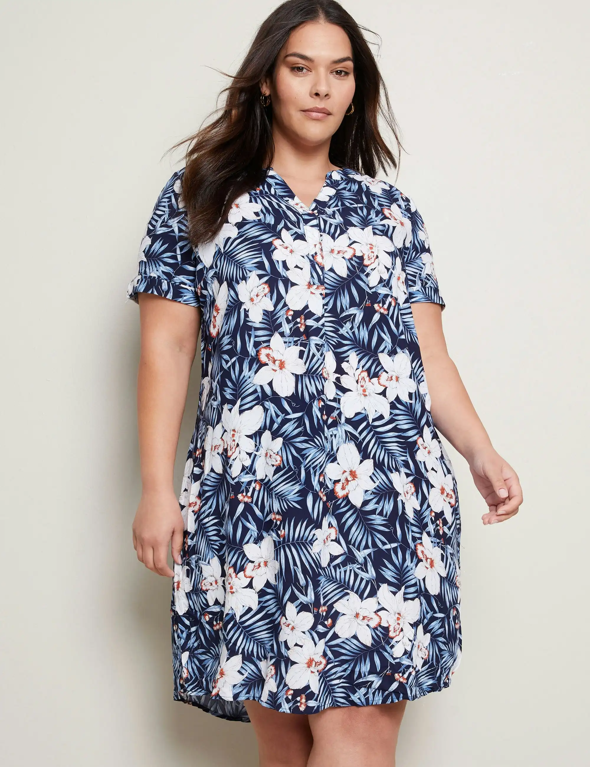 Autograph Woven Short Sleeve Shirt Shift Dress (Navy Orchid)