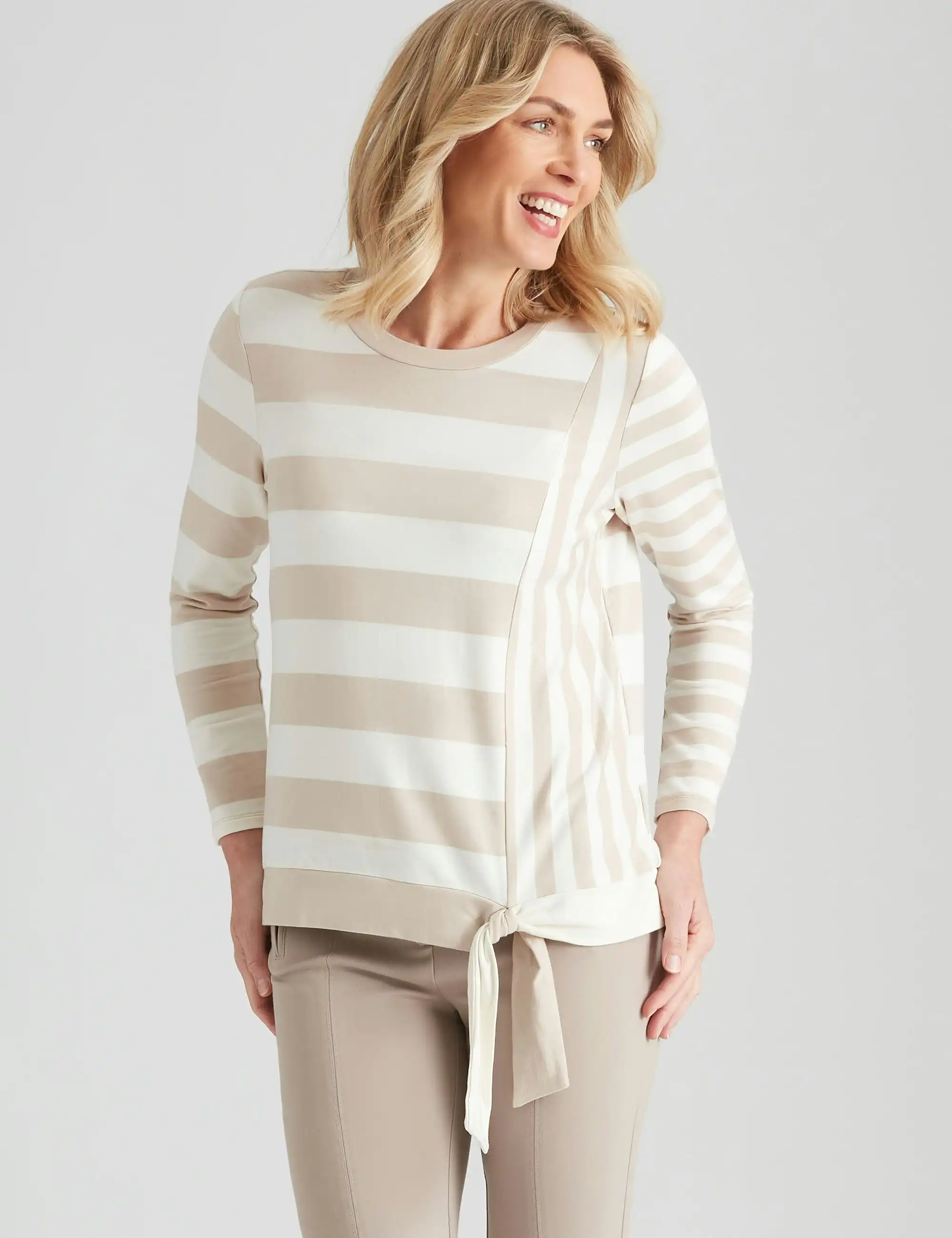 Noni B Tie Hem Stripe Knitwear Top (Stone)