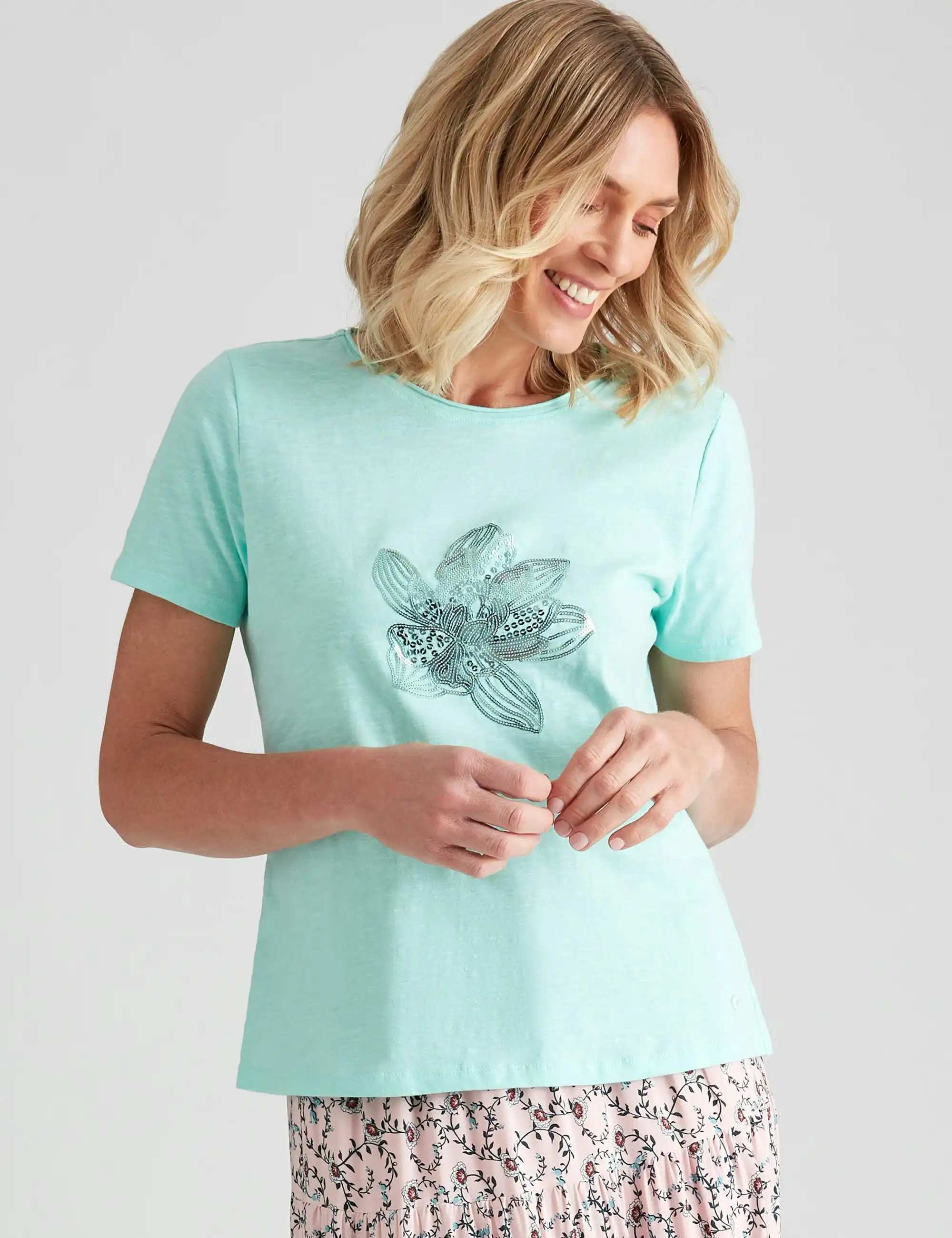 Noni B Sequin Flower Cotton Top (Beach Glass)