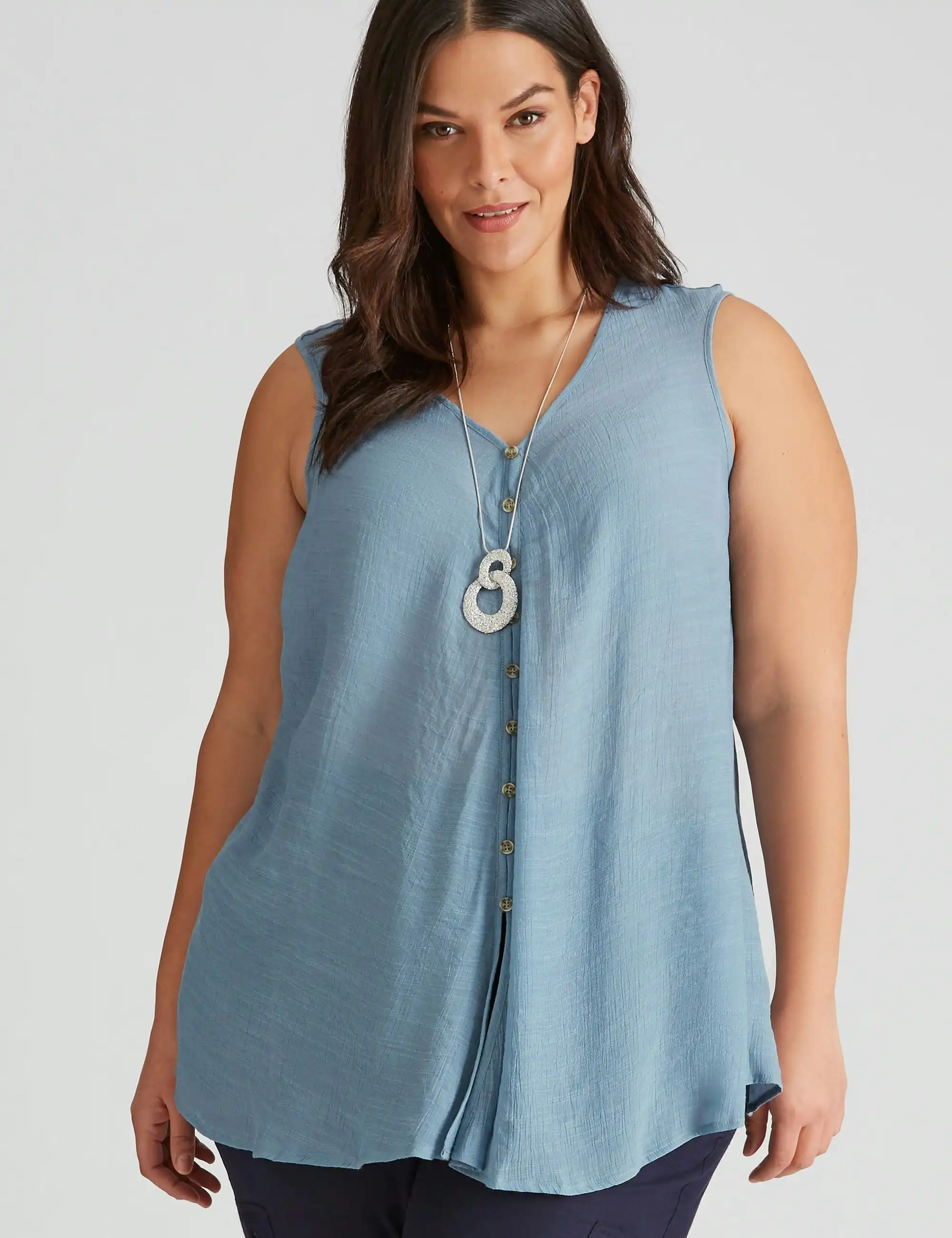 Autograph Woven Sleeveless Button Trim Trapeze Top (Denim)