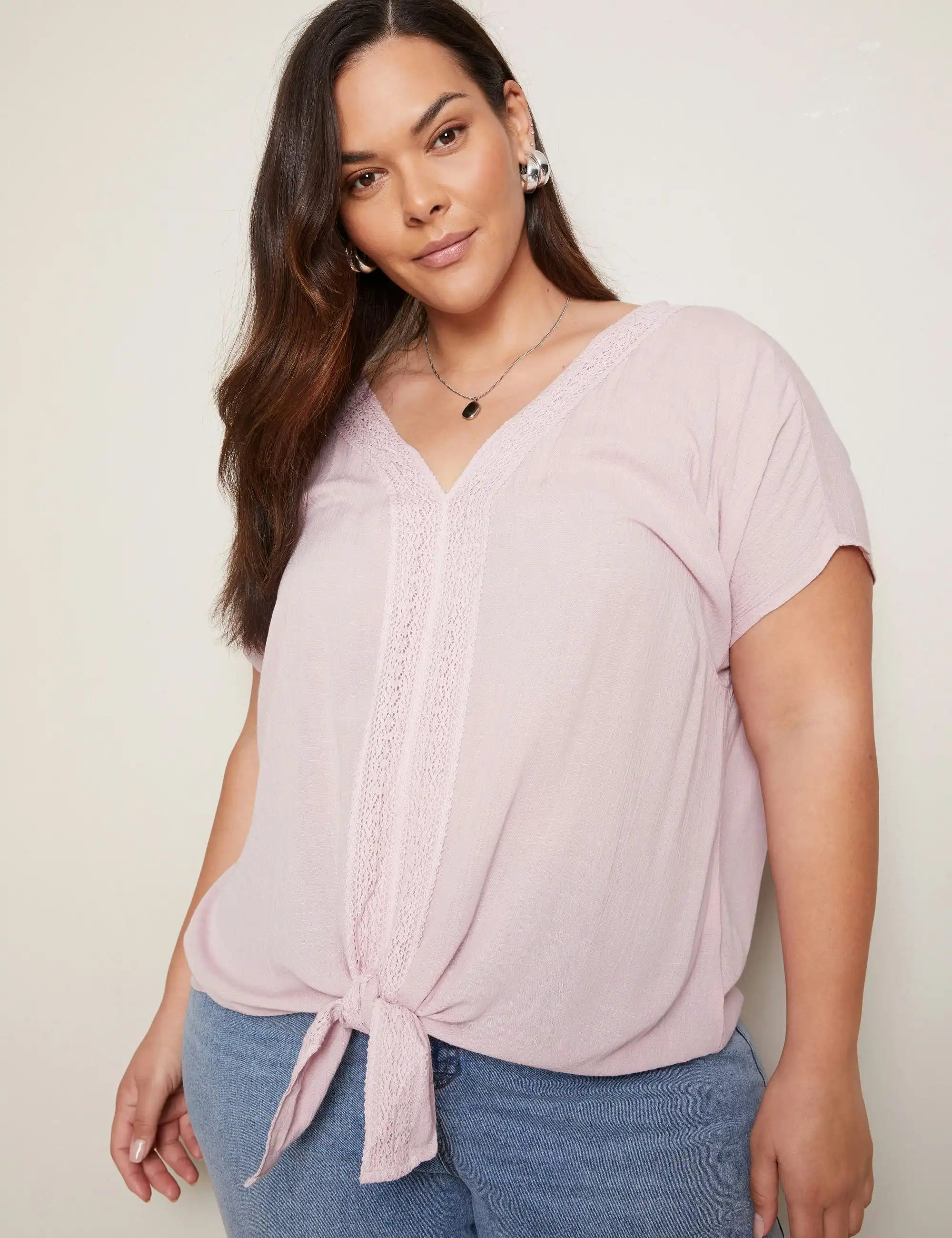 Autograph Woven Lace Trim Tie Front Top (Cotton Candy)