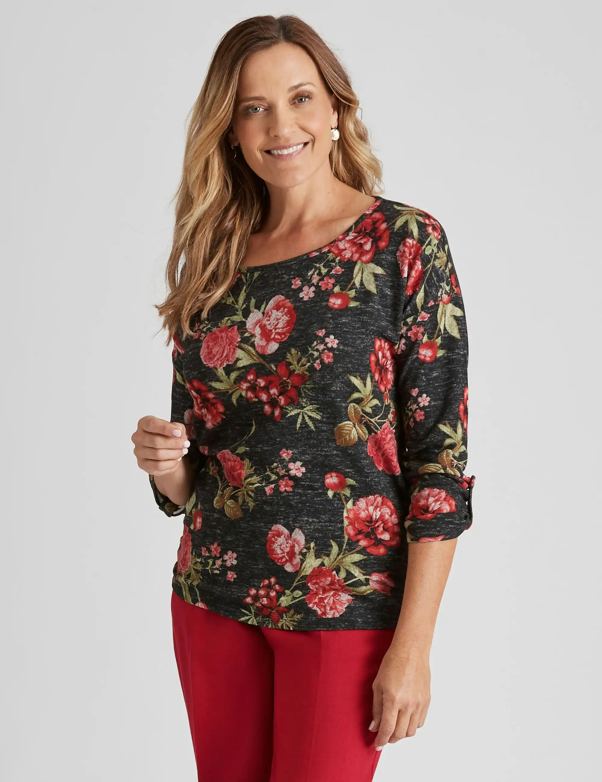 Millers Long Sleeve Drop Shoulder Top (Red Floral)