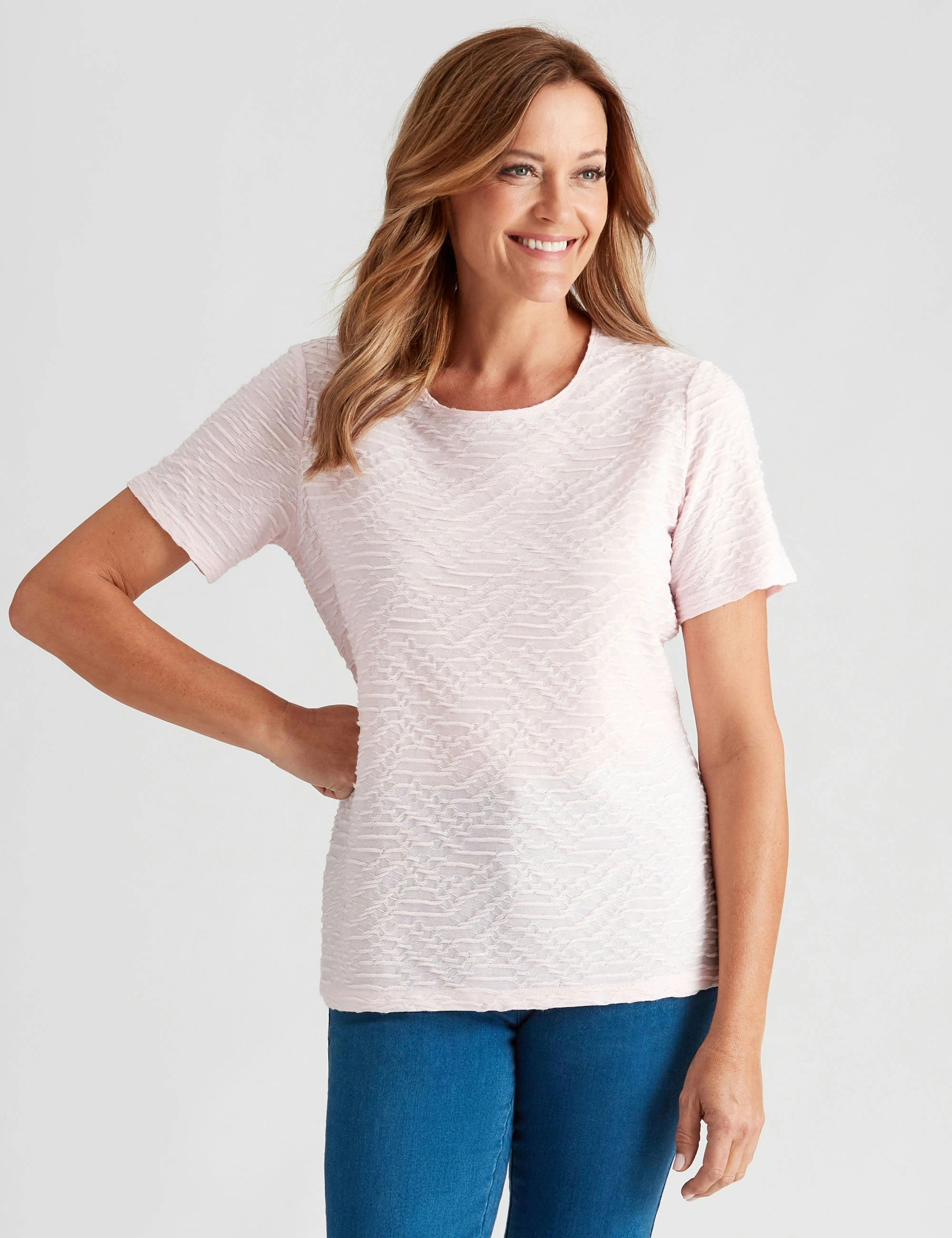 Millers Short Sleeve Tured Scoop Neck Top (Barely Pink)