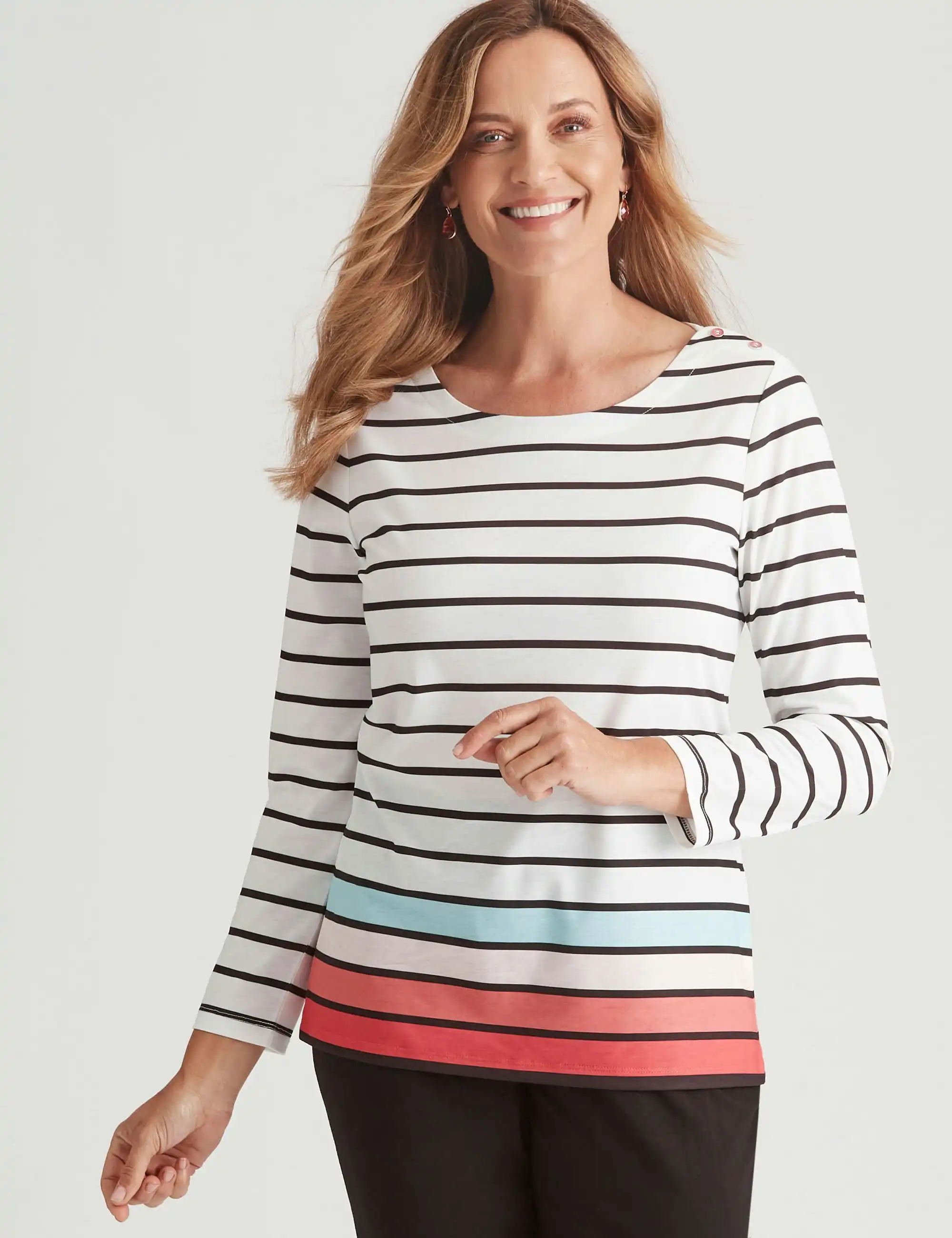 Millers Long Sleeve Stripe with Button Detail Top