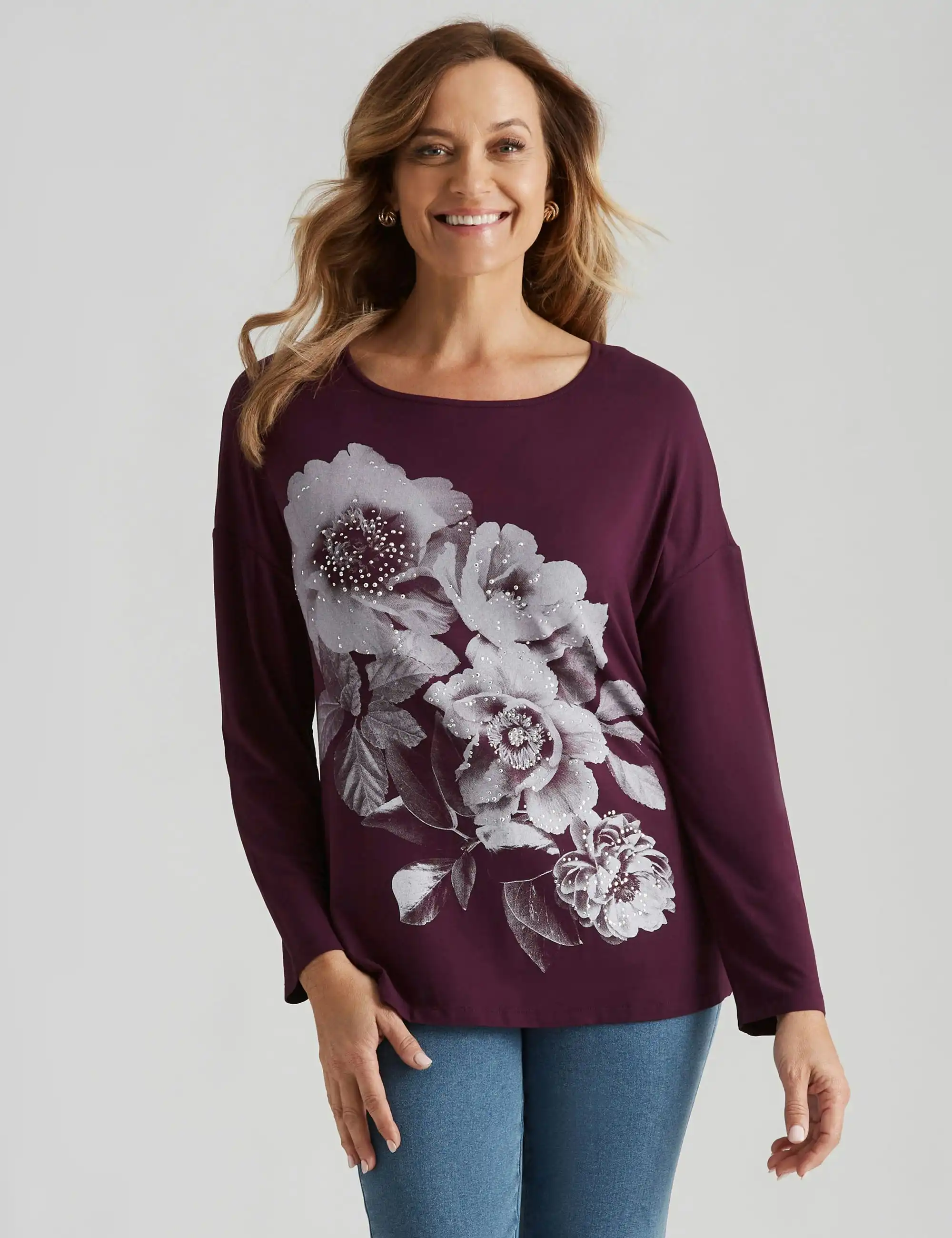 Millers Miller Long Sleeve Graphic Print Top (Wine Floral)