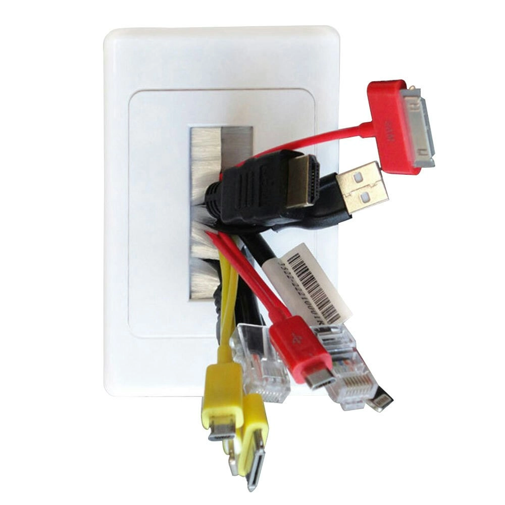 Pro2 White Wall Plate W/Brush Outlet Cover For Cable Lead  Management/Organiser