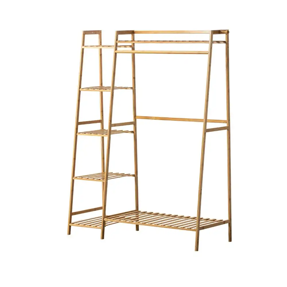 Furb Clothes Rack Bamboo Open Garment Rack Coat Stand Hanging Closet Organiser Shoes Storage Shelves