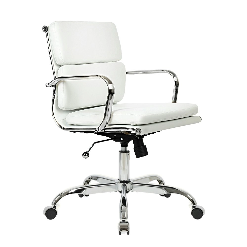 Furb Office Chair Executive Mid-Back Computer PU Leather Work Eames Replica White Silver