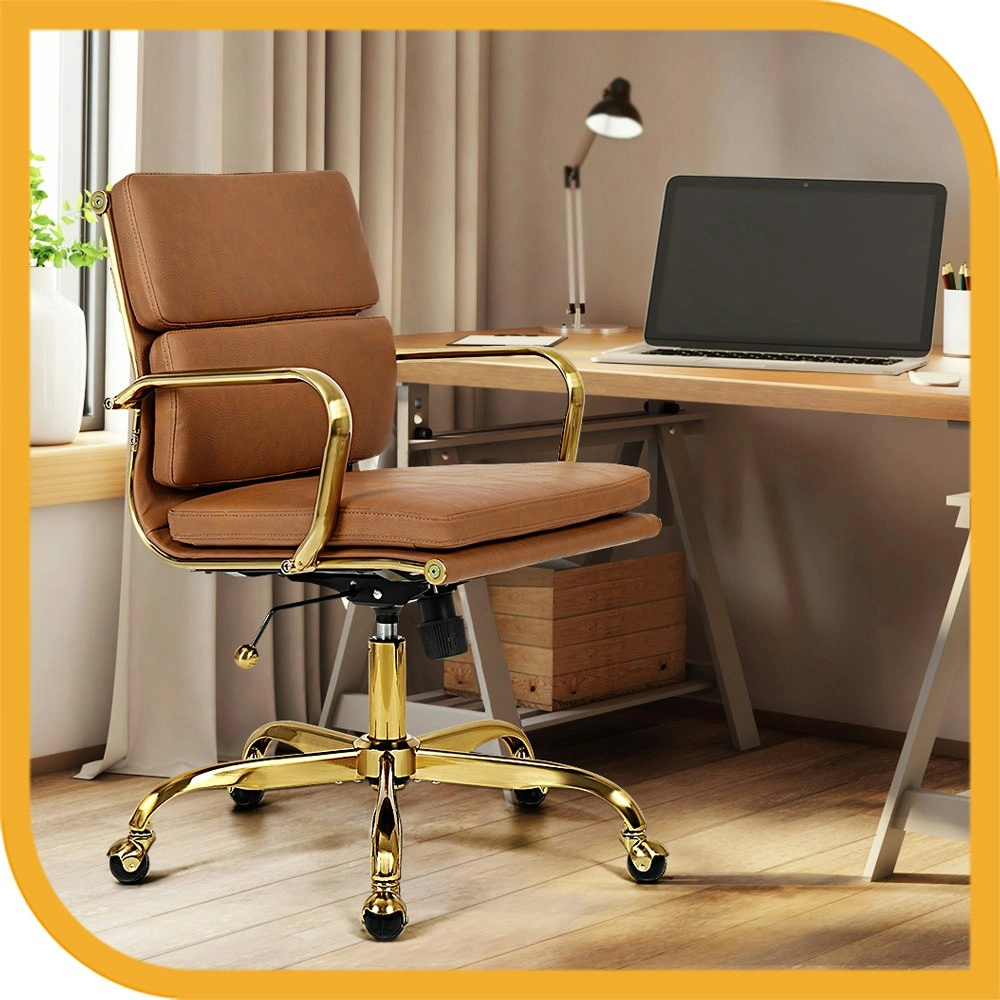 Furb Office Chair Executive Mid-Back Thick Padded PU Leather Work Study Gd Eames Replica Tan