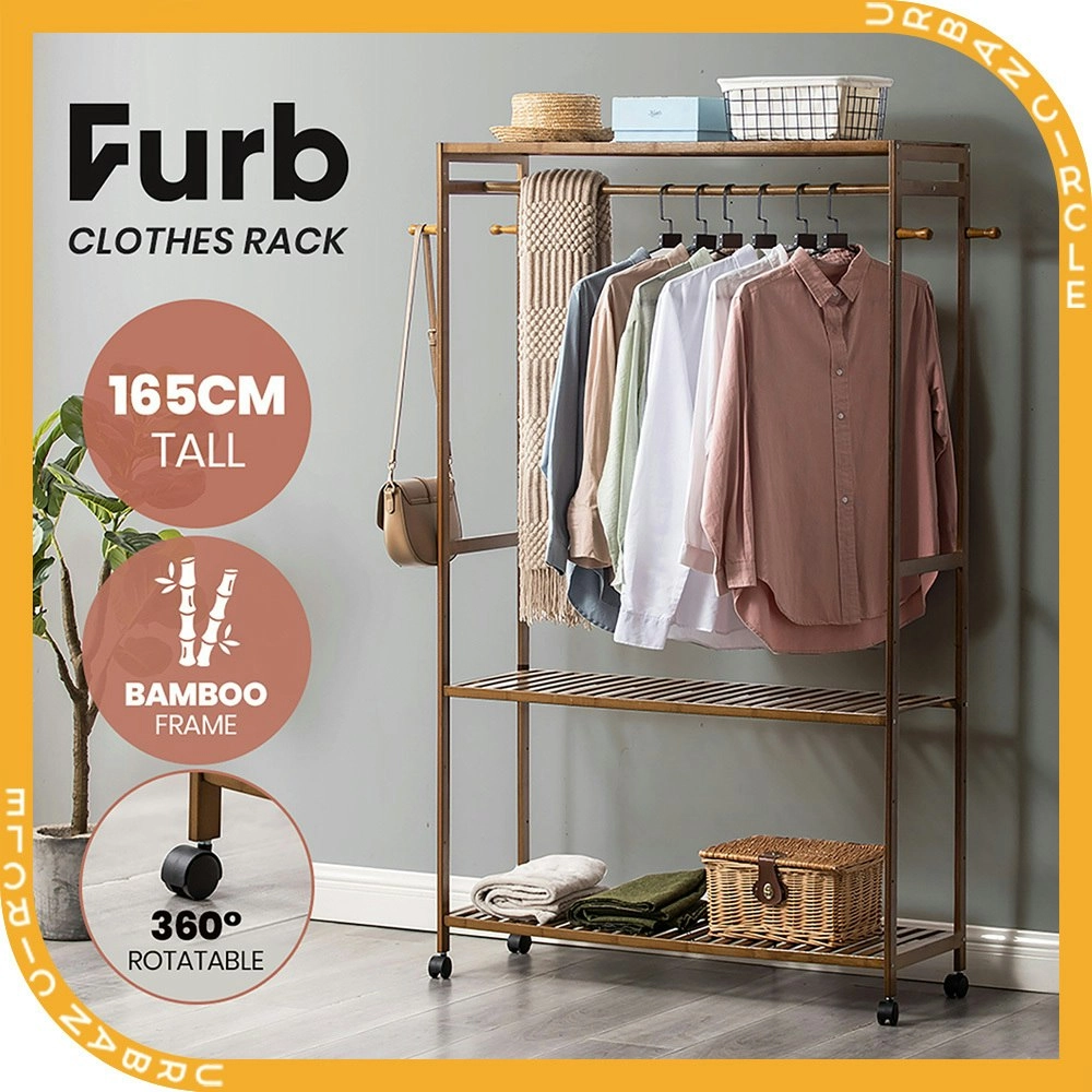 Furb Bamboo Clothes Rack Open Garment Coat Hanger Stand Shoes Storage Shelf Wheels Closet Organiser