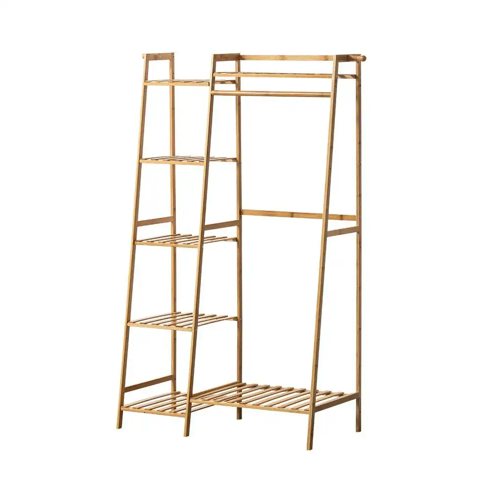 Furb Open Clothes Rack Bamboo Garment Coat Rack Hanging Stand Closet Organiser Shoes Storage Shelves