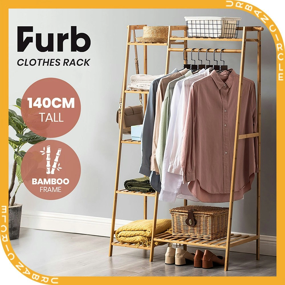 Furb Open Clothes Rack Bamboo Garment Coat Rack Hanging Stand Closet Organiser Shoes Storage Shelves