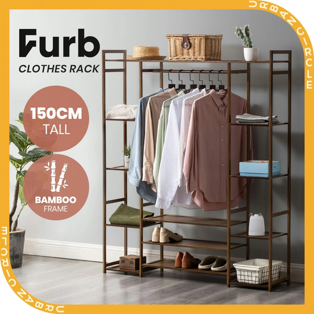 Furb Clothes Rack Bamboo Open Wardrobe Garment Coat Hanger Stand Closet Organiser Shoe Storage Shelf