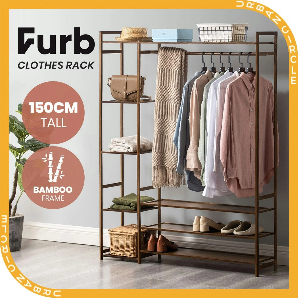 Furb Open Wardrobe Clothes Rack Bamboo Garment Coat Hanger Stand Closet Organiser Shoe Storage Shelf