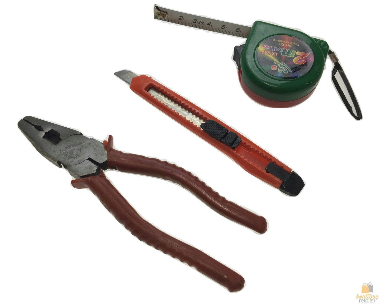 3pc HARDWARE TOOL SET Pliers Measuring Tape Box Cutter Kit