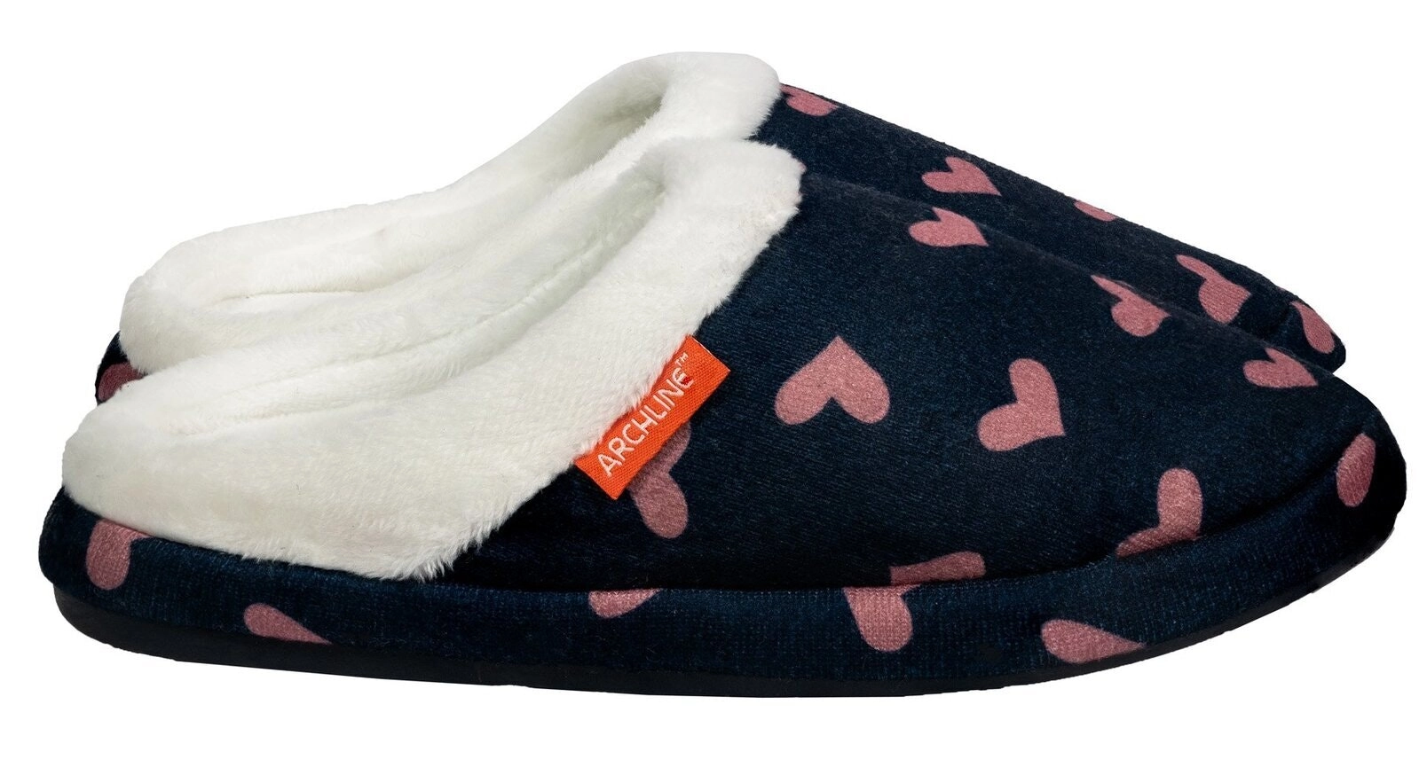 Archline Orthotic Slippers Slip On Scuffs Pain Relief Moccasins - Navy with Hearts