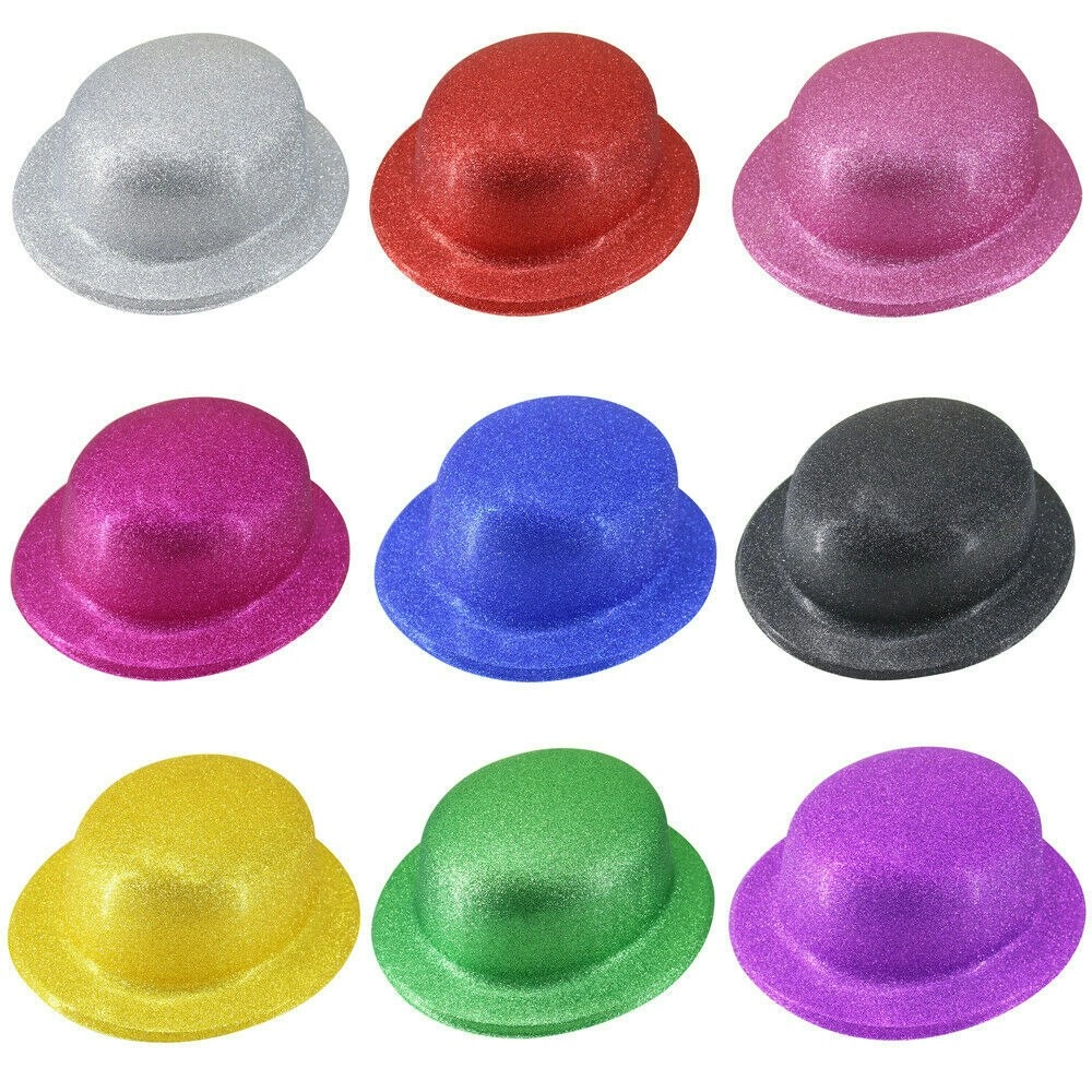 GLITTER BOWLER HAT Fancy Party Plastic Costume Cap Fun Dress Up Sparkle