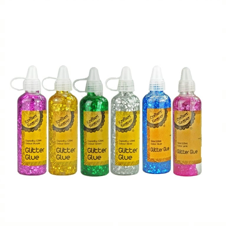 [6PCE] Krafters Korner Craft Glitter Glue Perfect For Arts & Crafts 120Ml - Green - Gold Purple - Silver - Blue - Pink