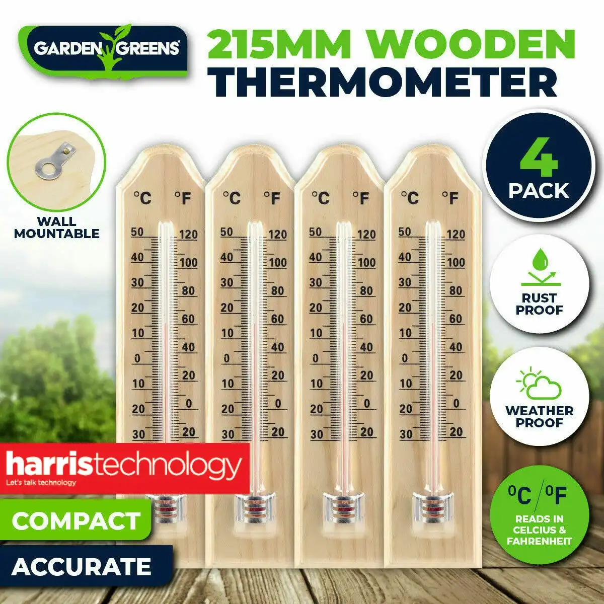 Garden Greens 4PK Thermometer Wooden Accurate Weatherproof 21.5 x 4.5cm