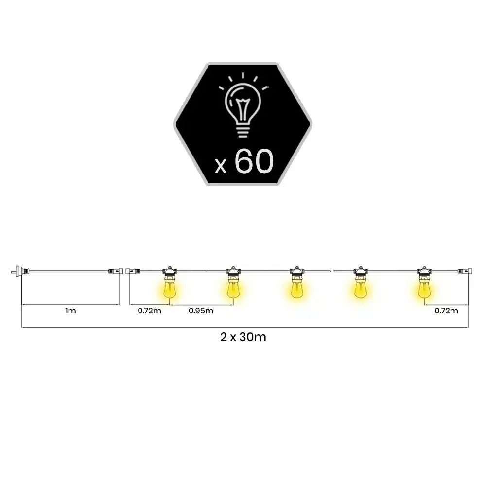 Groverdi 60M LED Festoon String Lights Christmas Wedding Party Garden Outdoor Easter Hanging bulbs