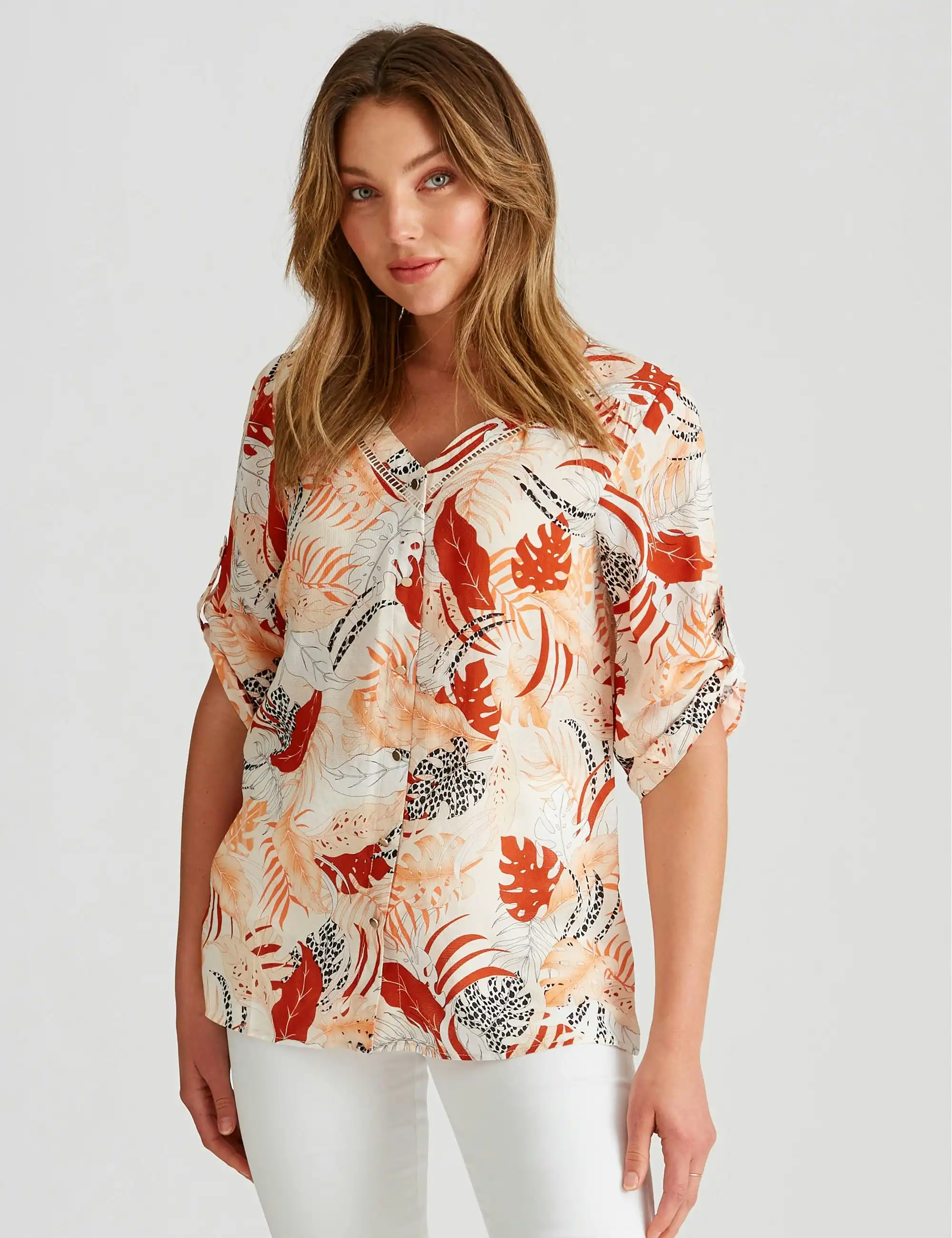 Rockmans Elbow Sleeve Woven Button Through Top (Tropical)