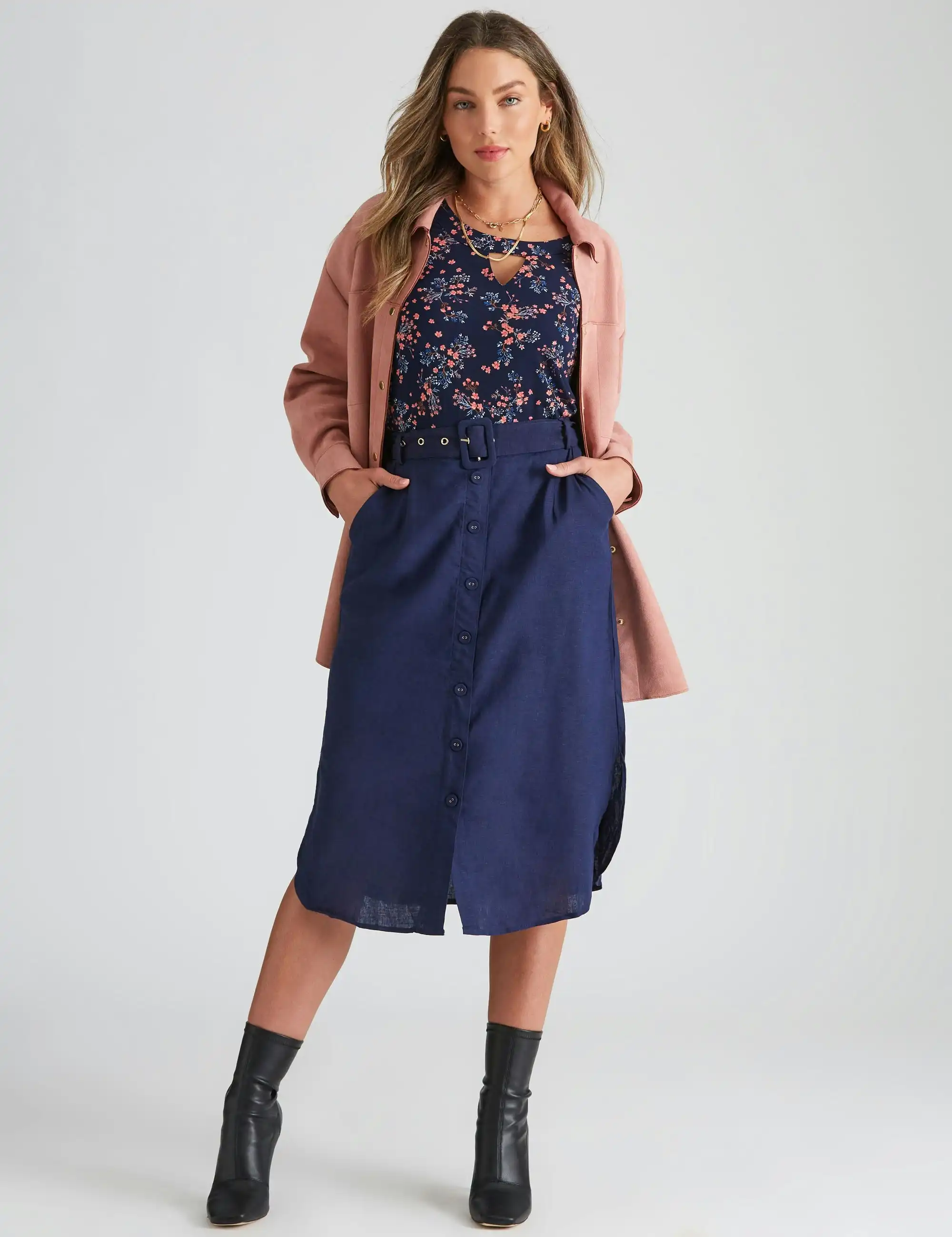 Rockmans Button Through Curved Hem Skirt (Nightsky)