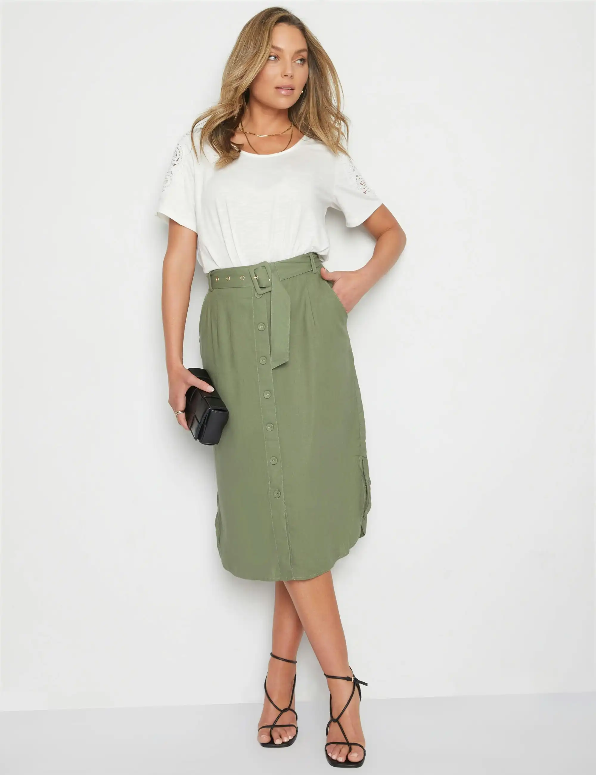 Rockmans Button Through Curved Hem Skirt (Olivine)