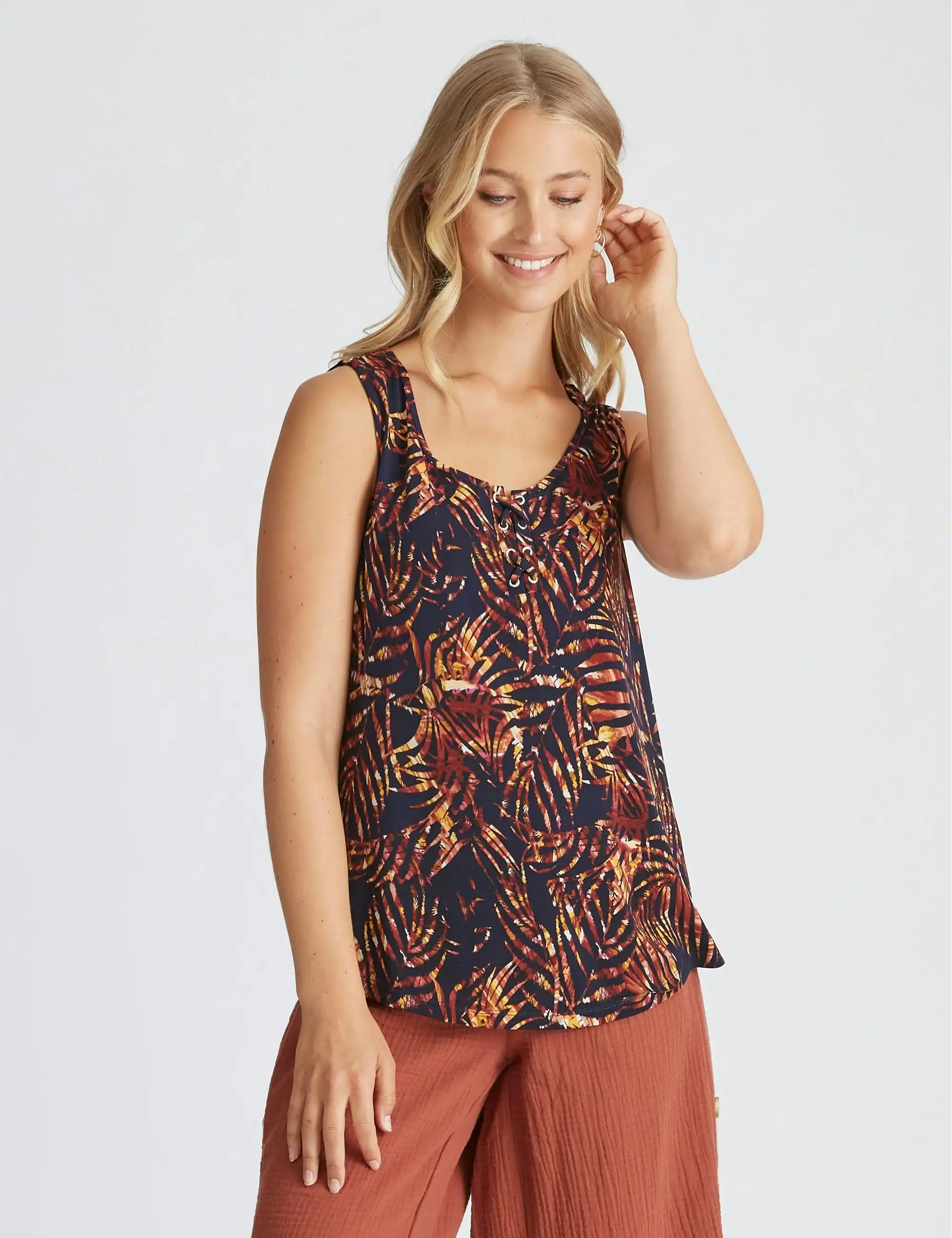 Rockmans Sleeveless Lace Up Maui Top (Multi)