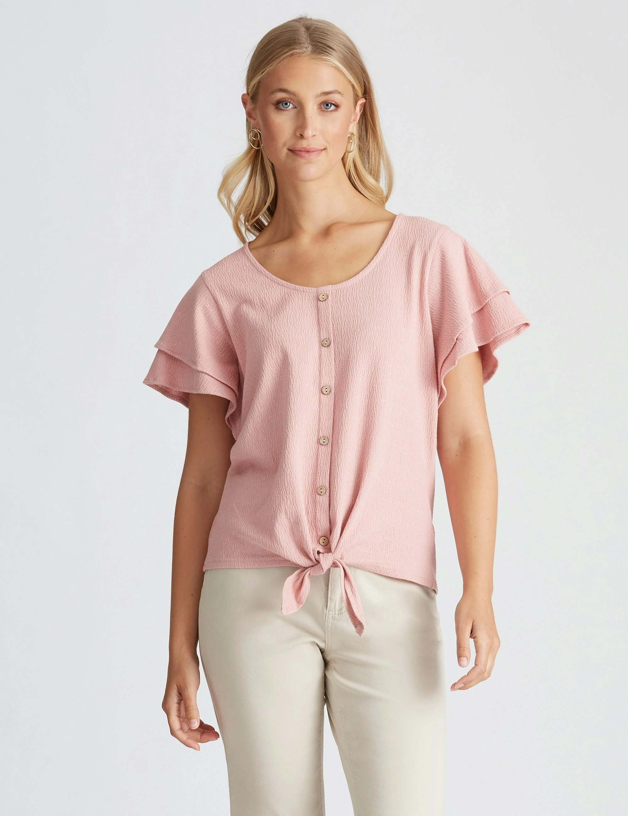 Rockmans Double Flutter Sleeve Button Through Top