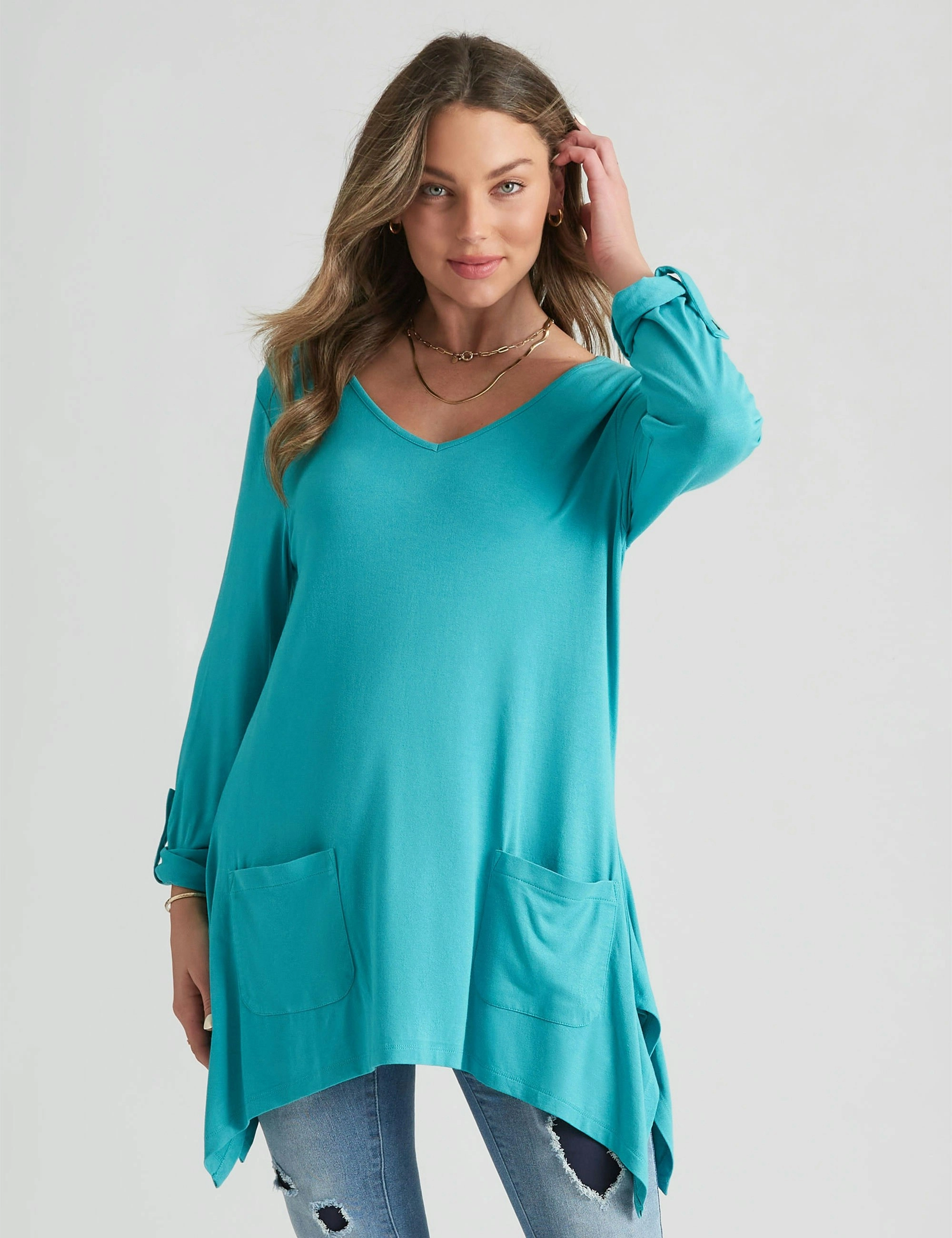 Rockmans Long Sleeve Pocket Knitwear Sharkbite Tunic (Aqua Onl)