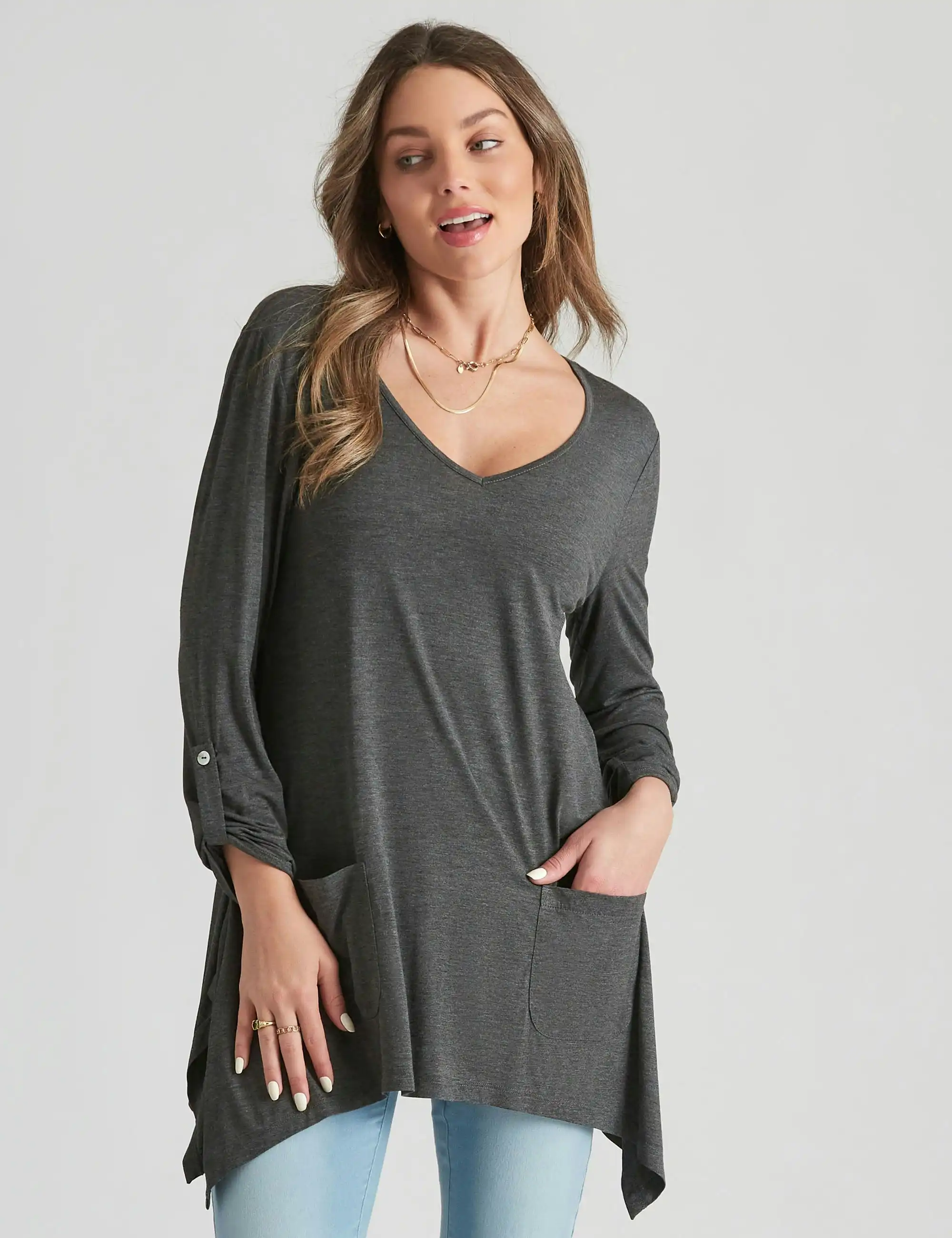 Rockmans Long Sleeve Pocket Knitwear Sharkbite Tunic (Grey Marle Onl)