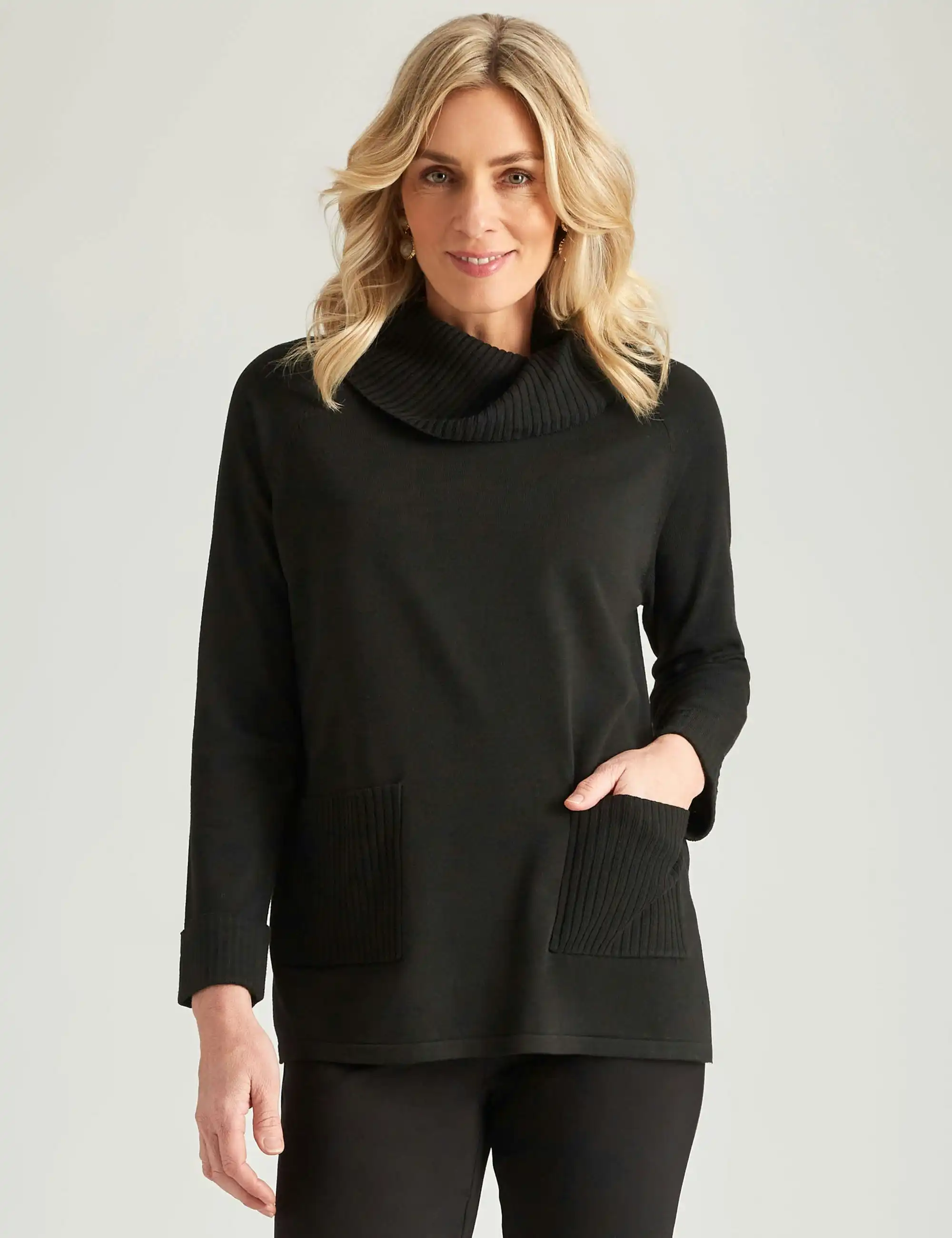 Noni B Roll Neck Pocket Tunic Jumper (Black)