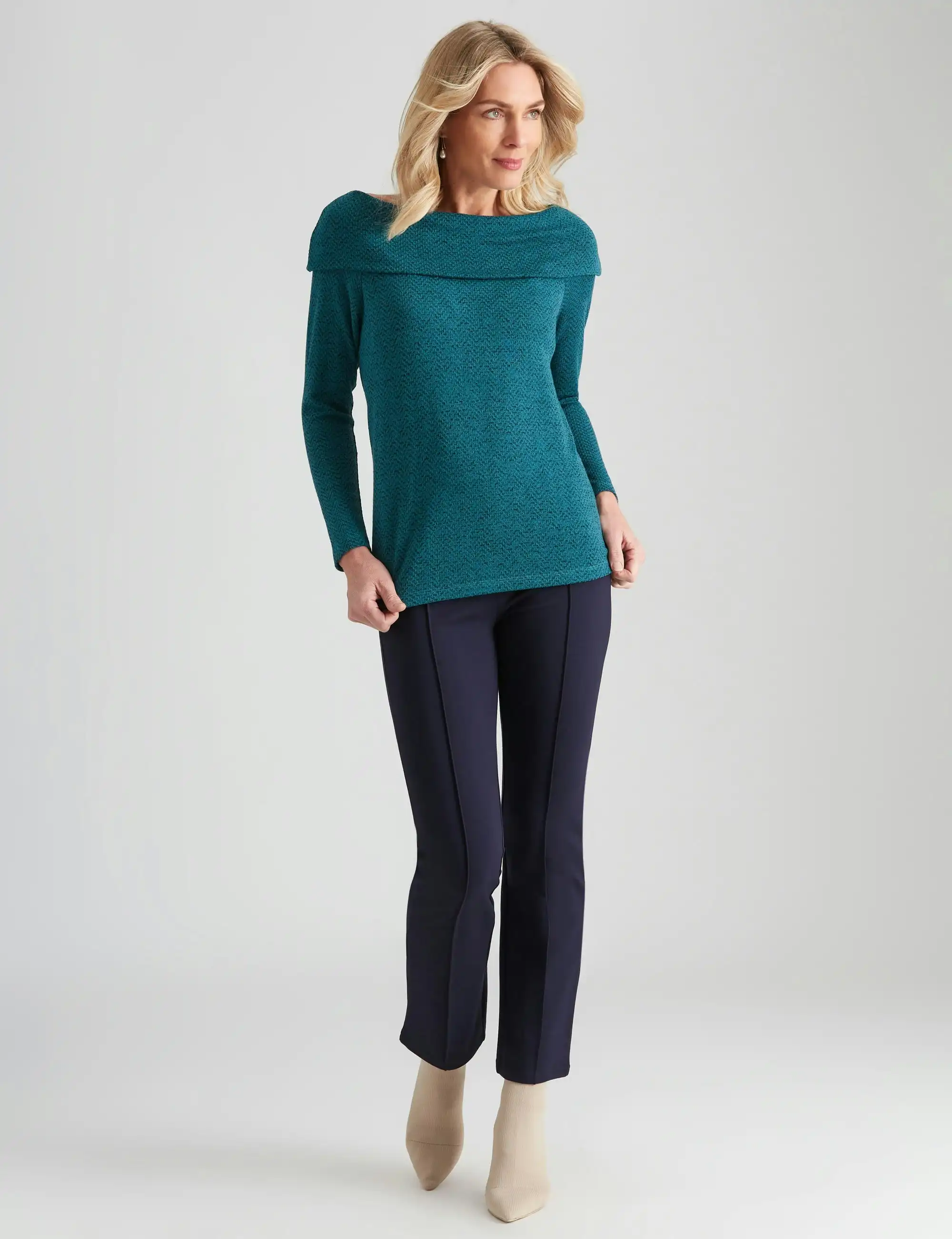 Noni B Cowl Neck Chevron Knitwear Top (Harbor Blue)