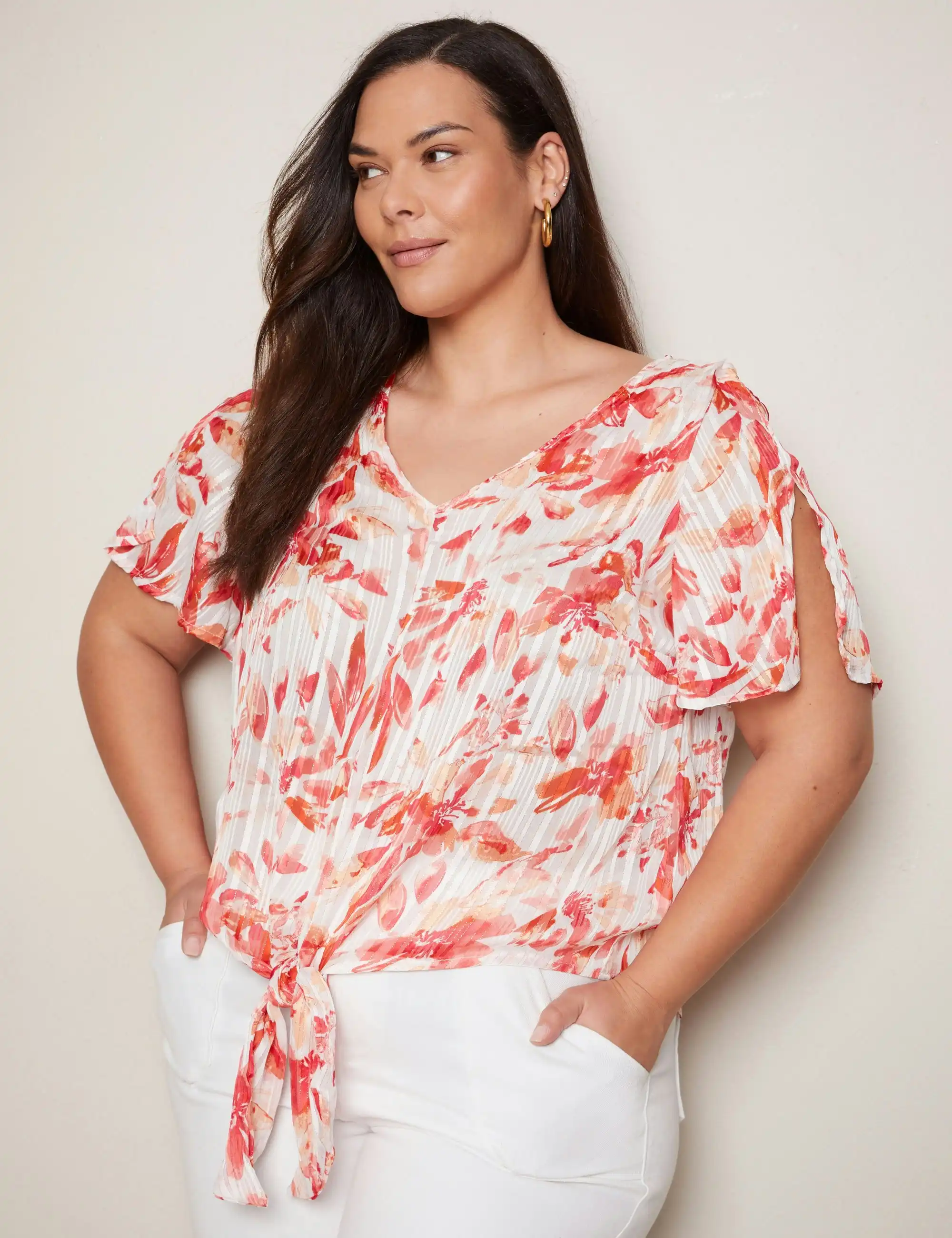 Autograph Woven Lurex Tie Front Top (Bright Florals)