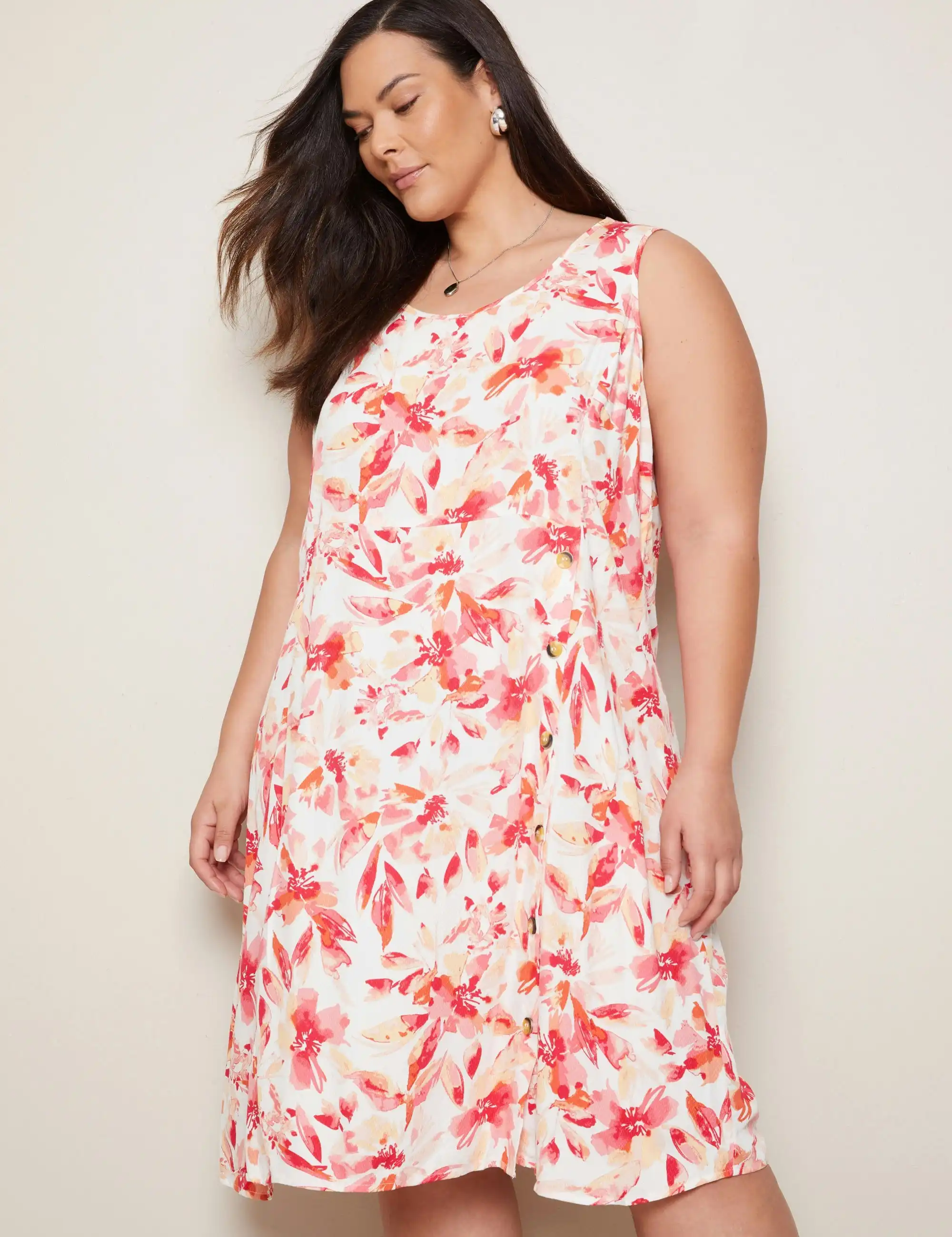 Autograph Woven Button Shift Sleeveless Dress (Bright Florals)