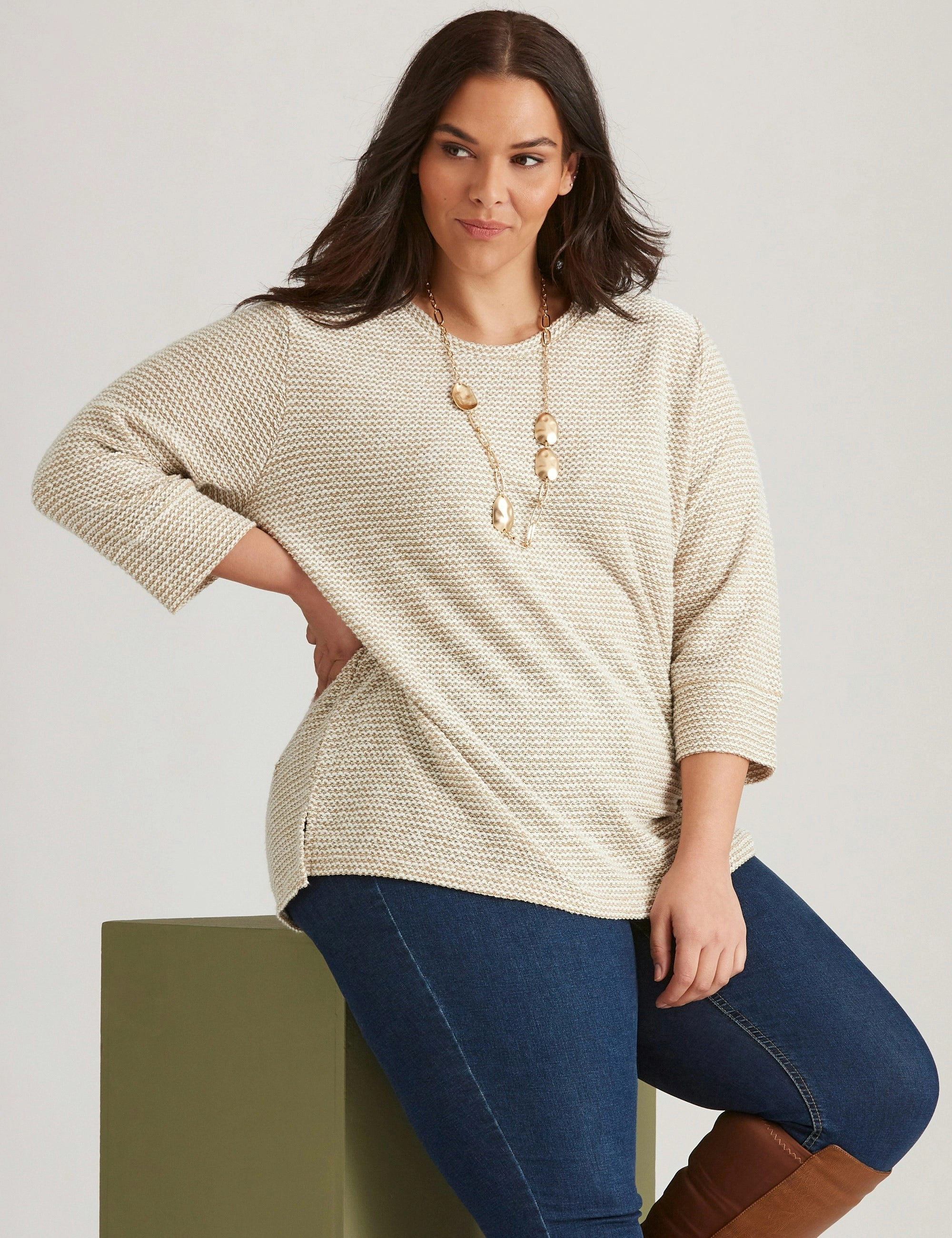 Autograph Knitwear Long Sleeve Button Back Textured Top (Oatmeal)